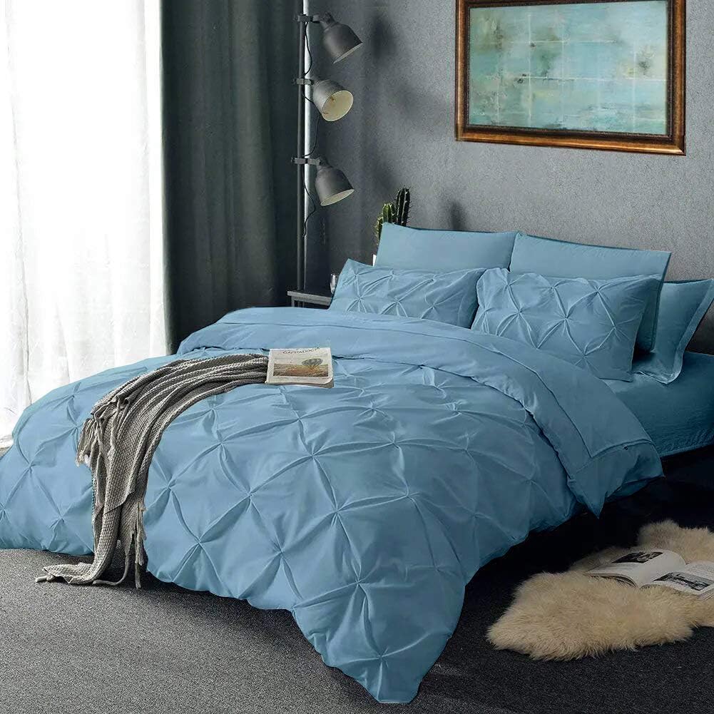 EBEDDY LINENS Pinch Pleated Pintuck 3PC Duvet Cover Set Zipper & Corner Ties Egyptian Cotton 1 Duvet Cover with 2pc Pillowcase King 88x104 Inch, Lihgt Blue