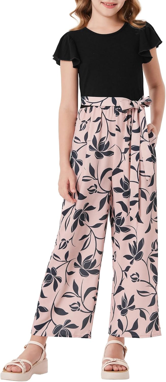 GRACE KARIN Girls Floral Jumpsuit Kids Flutter Sleeve Belted Wide Leg Romper One Piece Summer Outfits