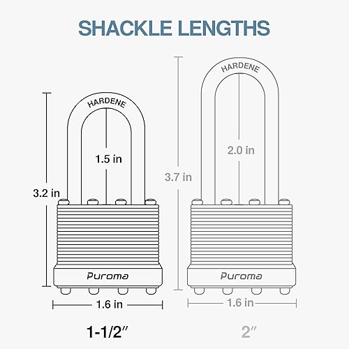 Miniatura 5 de Puroma Lock - Paquete de 3 candados, cerraduras de grillete de 1-12 pulgadas de largo resistentes con 6 llaves, candados de acero endurecido de