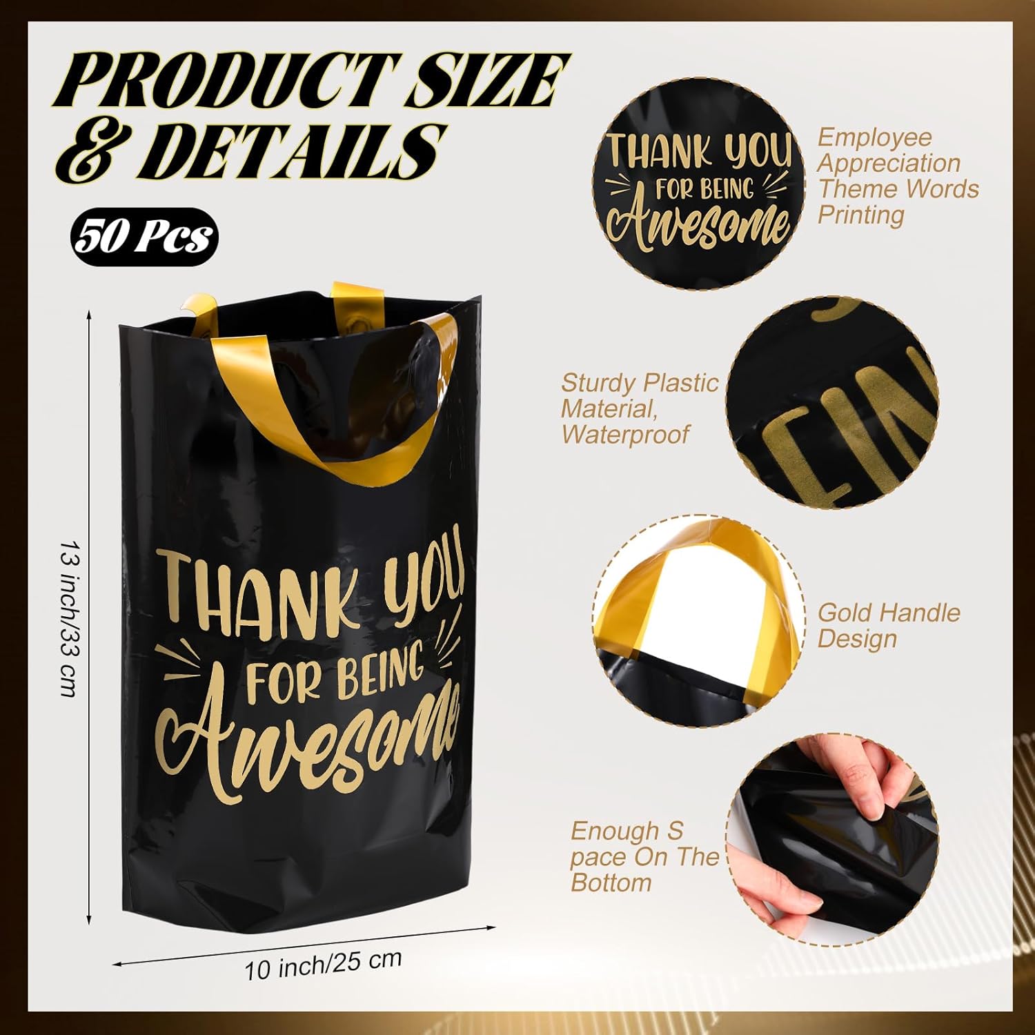 Kolldenn 50 Pcs Thank You Gifts Bags Employee Appreciation Goodie Bags with Handles Congrats Reusable Plastic Party Favors for Gift Wrapping(Black Gold,Thank You for Being Awesome) - Image 2