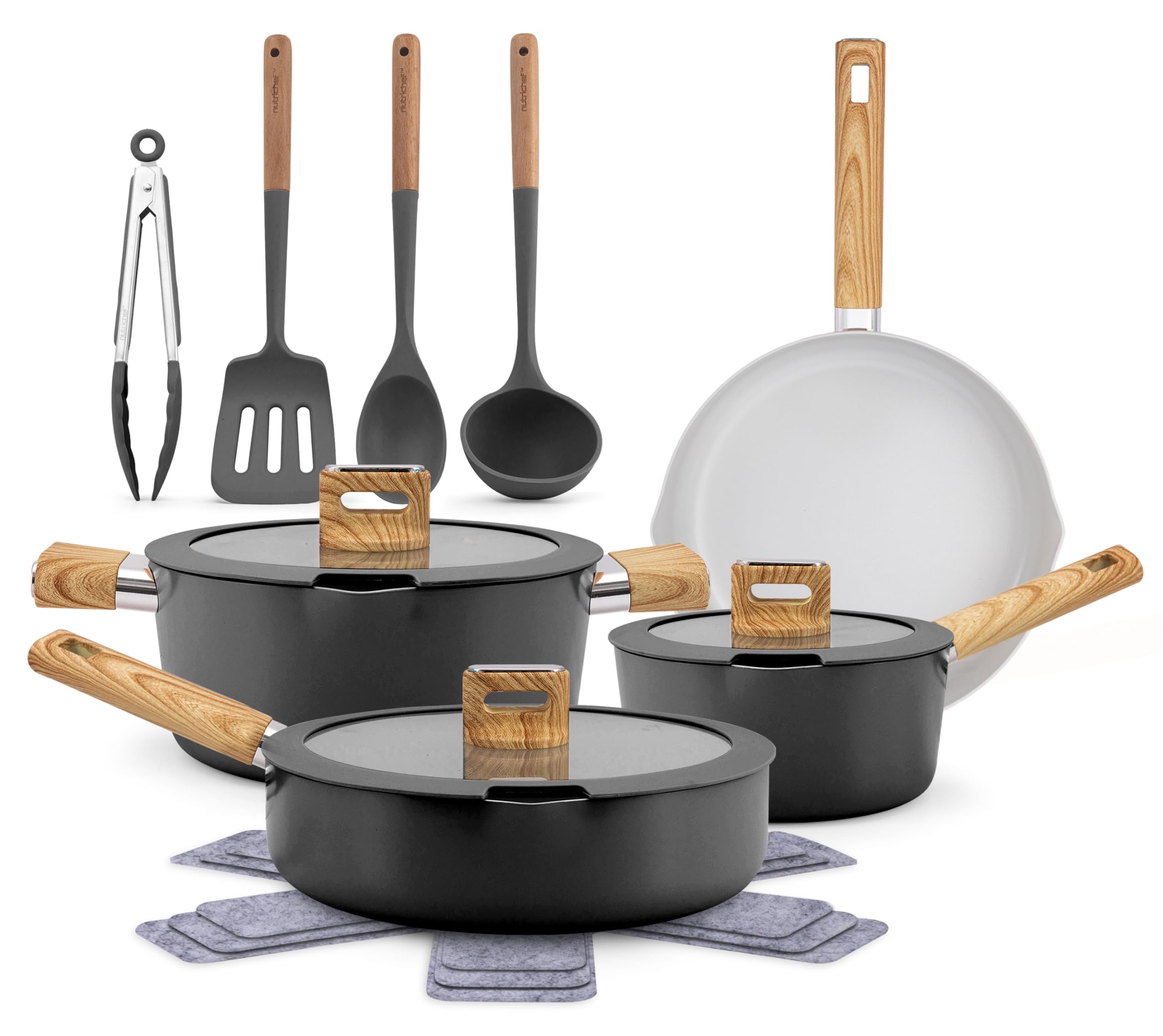 NutriChef Set Pentole e Padelle 14 Pezzi in Ceramica Antiaderenti, Compatibili Induzione, Coperchio in Vetro, Manici Antiscottatura, Lavabili in Lavastoviglie, Mestolo, Pinze e Spatola Inclusi, Nero