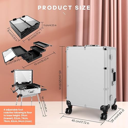 Miniatura 2 de Caja de aluminio del tren del maquillaje de la carretilla con la luz LED cosmética profesional 24 '' maquillaje organizador estudio, plateado, Moda
