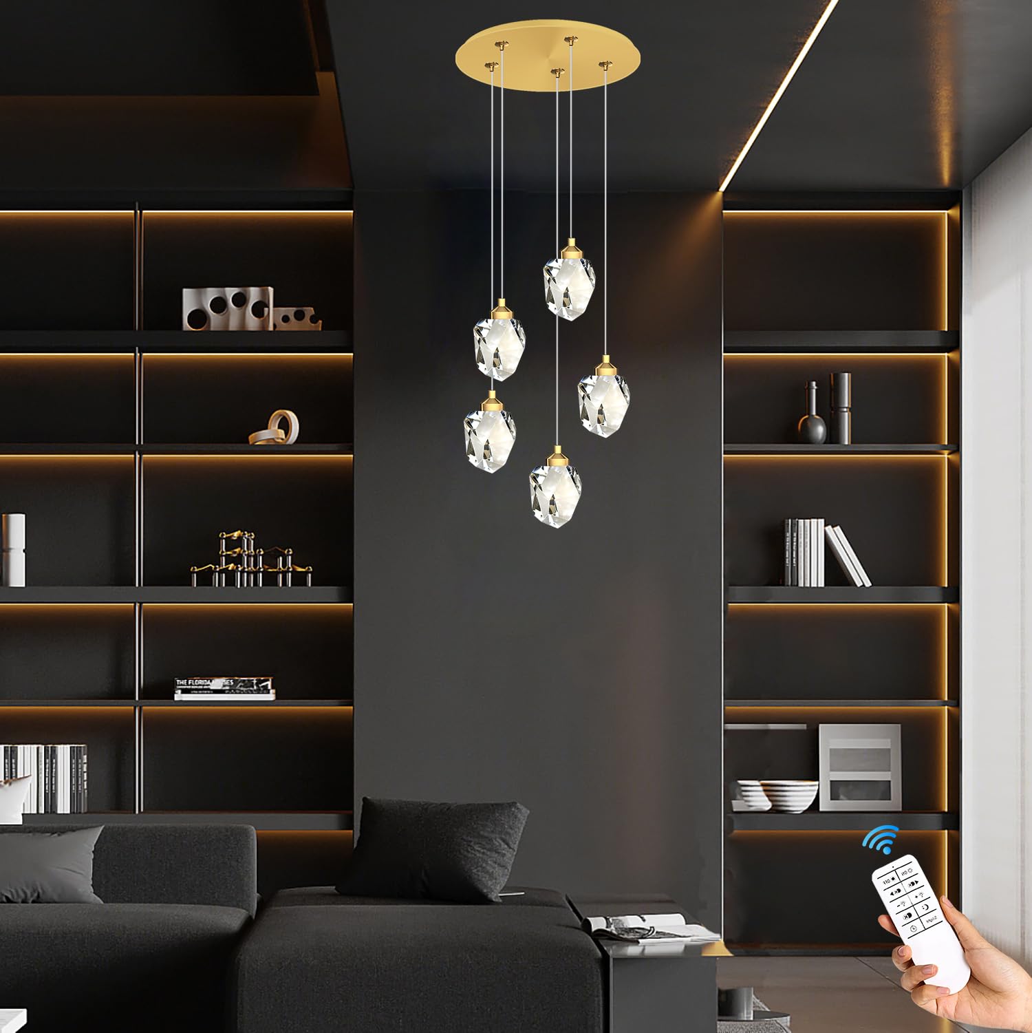 5-Light Raindrop Pendant Light, Gold Kitchen Island Hanging Light Fixtures, Modern Art Raindrop Clear Solid Crystal Chandelier for Dining Room Living Room Foyer