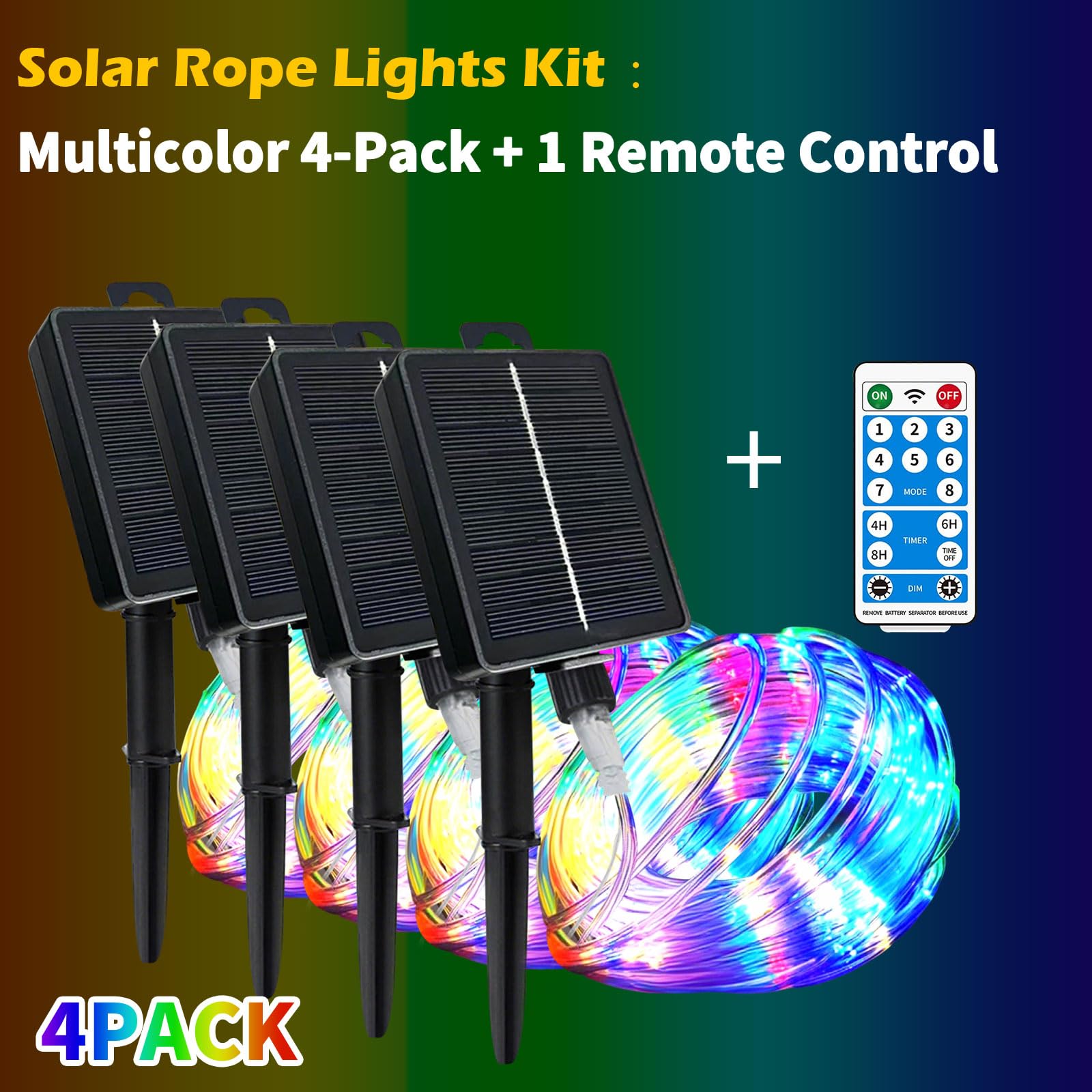 LairtPOW Paquete de 4 luces solares de cuerda de 39 pies, 100 luces LED multicolor impermeables para exteriores, control remoto, para camino, piscina, patio, jardín, palmera, Navidad, Halloween