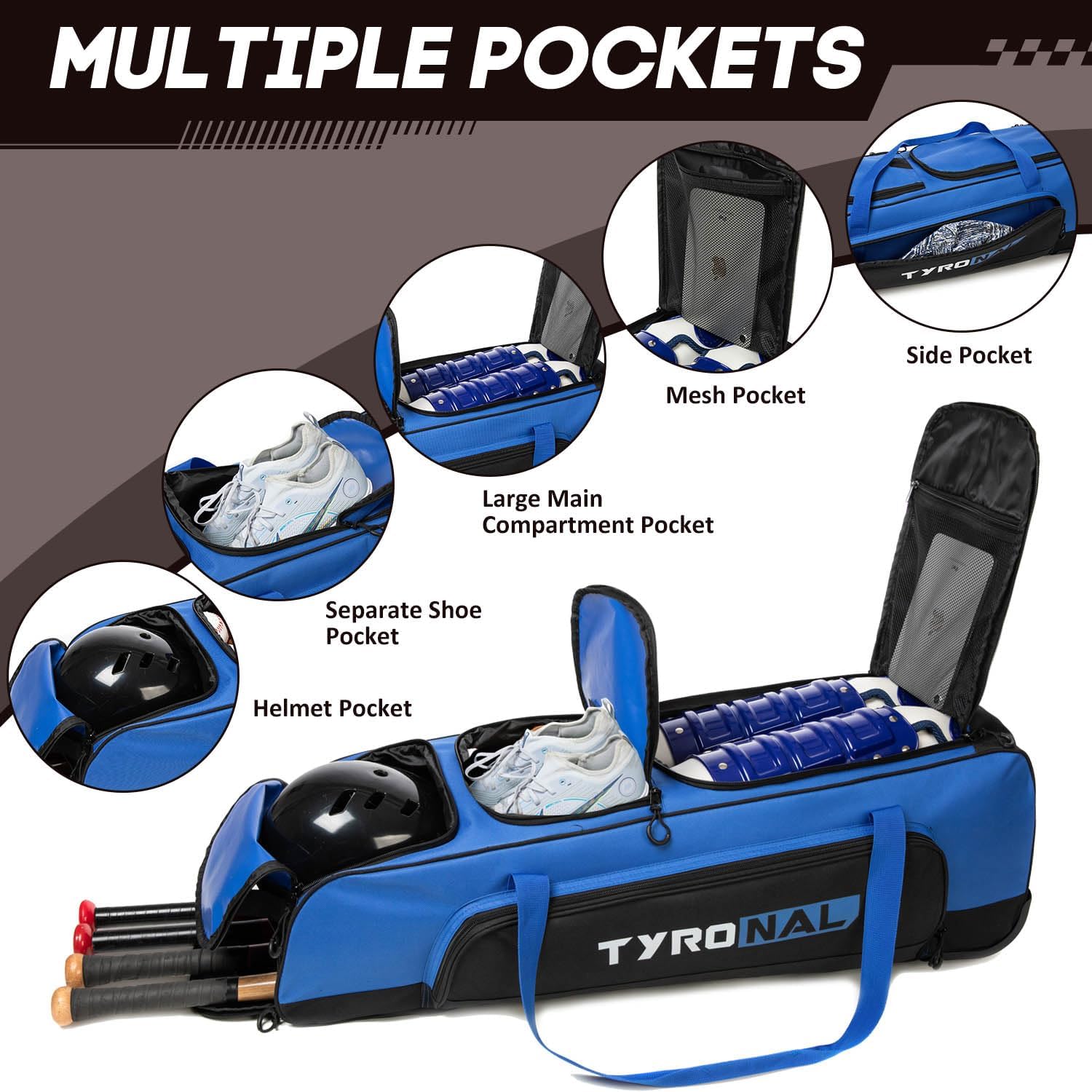 Baseball Bag with Wheels for 4 Bats,Soft Rolling Baseball Bag With Multi-Pockets, Fence Hook, Holds All Baseball Equipment.