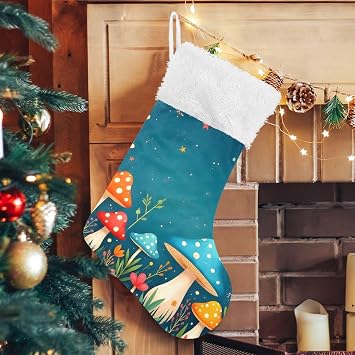 Night Mushroom Cartoon Print Christmas Stocking Socks, Xmas Hanging Decoration for Fireplace Stair 17.7x12.2 in 1 Pack