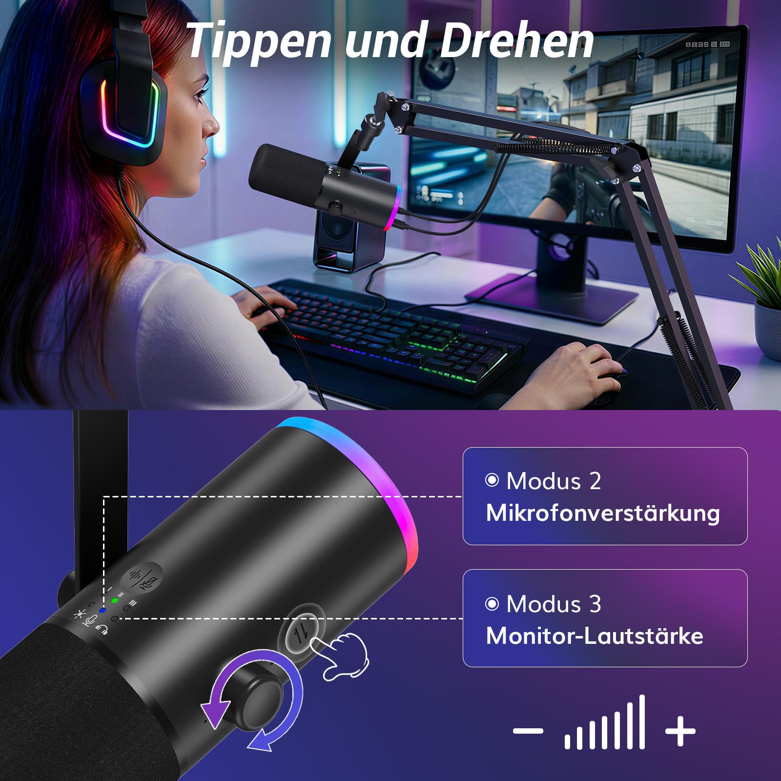 TONOR Dynamisches Gaming-Mikrofon, XLR/USB-Mikrofon für Streaming, AI-Geräuschunterdrückung, steuerbares RGB, Tap-Mute, 3,5-mm-Kopfhörerbuchse, Mikrofon mit Galgenarm, schwarz, TD510 AIR S+H