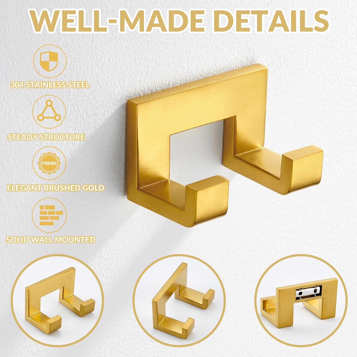 APLusee Brushed Gold 304 Stainless Steel Double Robe Towel Hook, Towel Bar for Bathroom Bundle, Wall Mounted