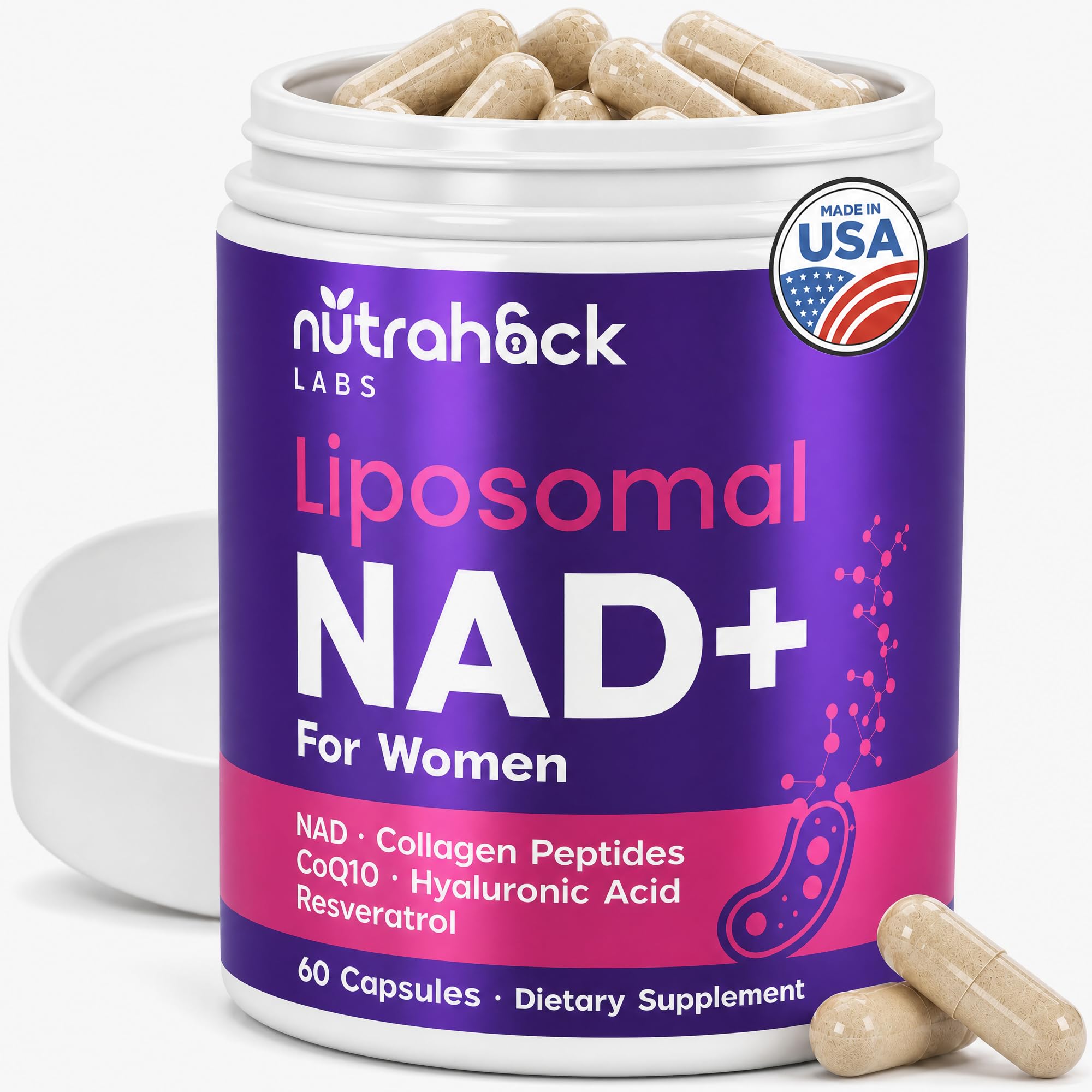 Liposomal NAD+ Supplement for Women | Cellular Energy, Anti-Aging & Radiant Skin Support – Clinically Dosed Nicotinamide Riboside with Resveratrol & Collagen | Made in USA – 60 Capsules