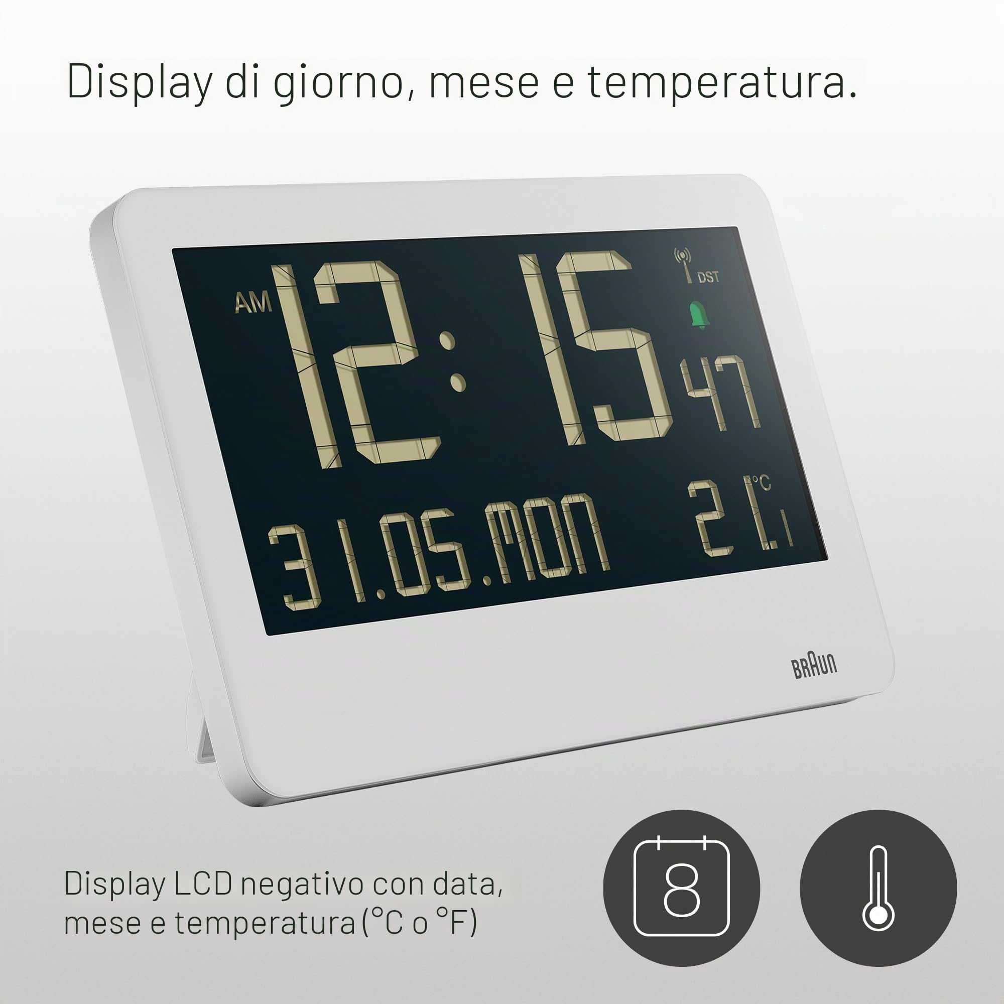 Braun Orologio da Parete Digitale Radiocontrollato con Ora dell'Europa Centrale (DCF) con Temperatura, Data, Giorno, Ampio Display LCD Reverso, Allarme Acustico Crescendo in Bianco, Modello BC14W-DCF