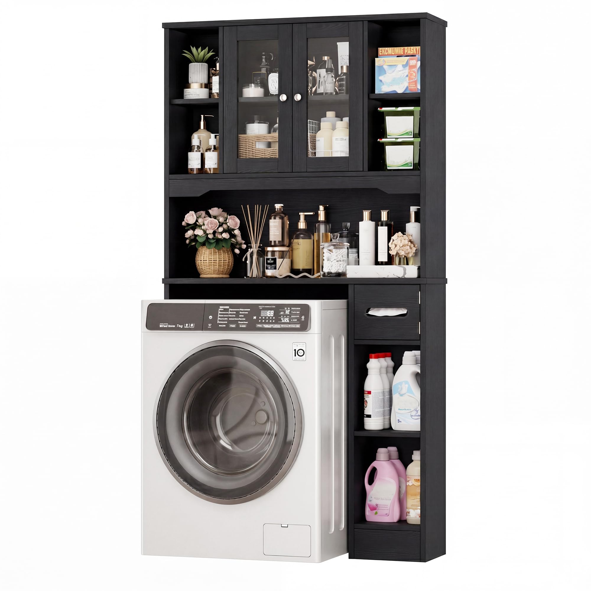 FOREHILL 173cm Mueble sobre Inodoro, Armario Baño, Gran Capacidad, Negro | Mueble Alto para Lavadora, Estanteria Baño, con Estante Ajustable, 2 Puertas, Soporte para Papel Higiénico, 89x20x173cm
