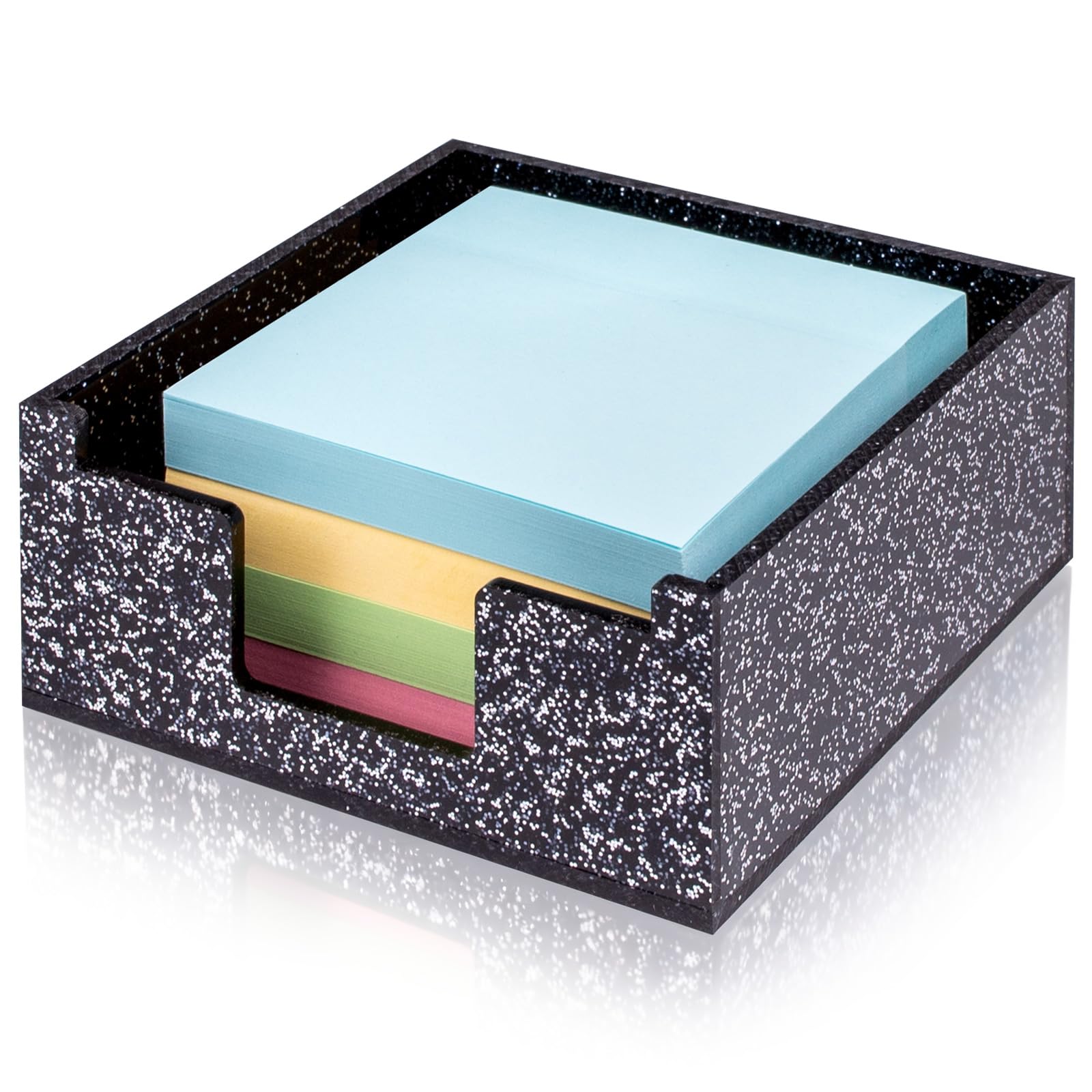 Luminzo Acrylic Sticky Note Holder 4x4in Tray for Desk, Black Glitter