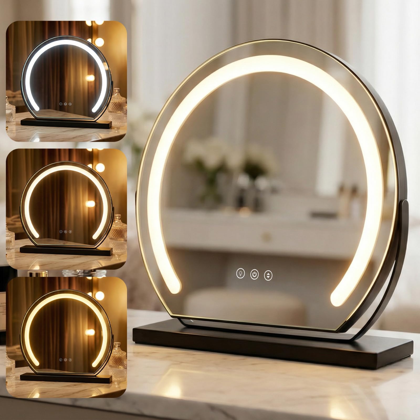 OSYNNIQ Vanity Mirror with Lights Round, 40cm Black Large Makeup Mirror Dressing Table Light Up LED 3 Colors Dimmable Brightness Adjustment Touch Sensor 330° Rotation Freestanding, Plug & Play