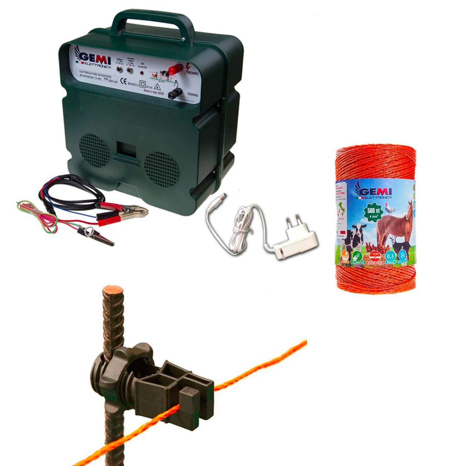 Valla Eléctrica Kit con 1 Electrificador de Doble Alimentación 12 V/220 V + 1 Alambre 500 MT 4 M² + 100 Piezas Aisladores para Postes de Hierro - Valla Eléctrica para Caballos Vacas Jabalíes