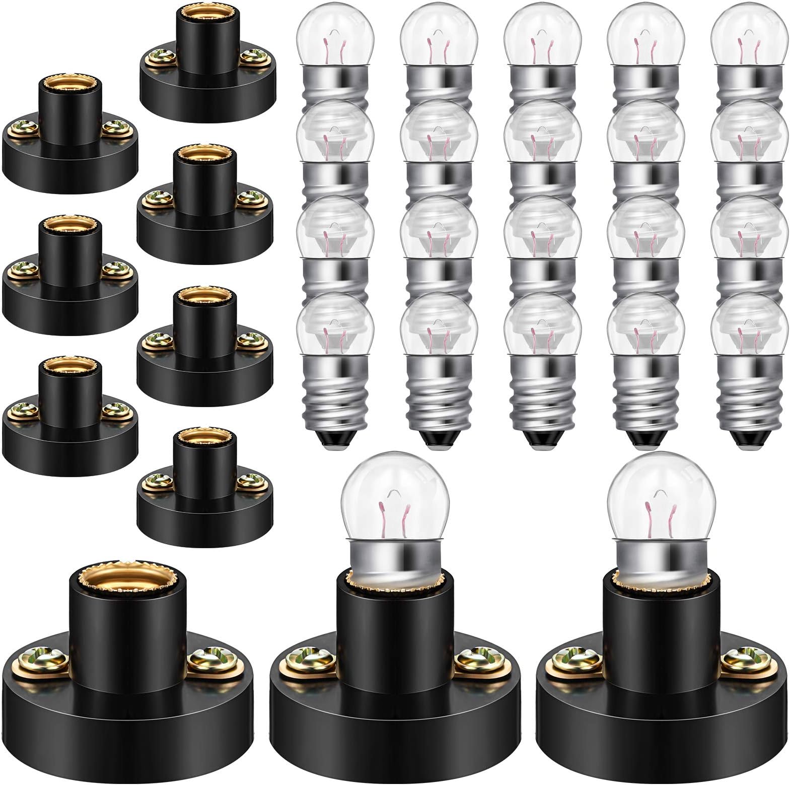 Honoson 30 Pieces E10 Screw Mini Bulbs Warm White Light and E10 Mini Screw Type Bulb Socket Black Plastic Bulbs Holder for Student Experiment Lighting DIY Accessories, 1.5V, 0.3A