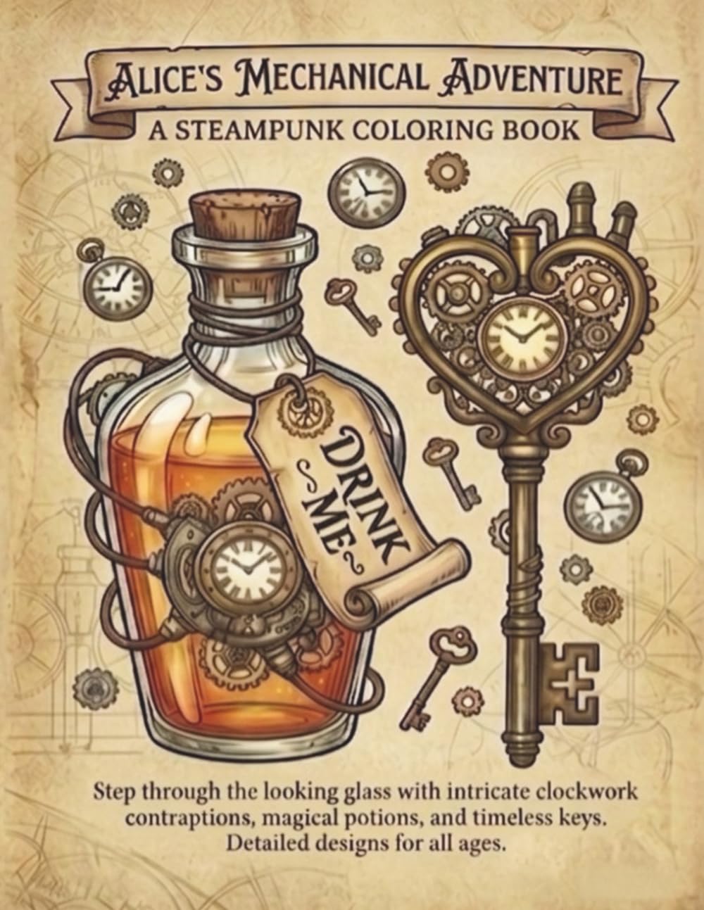 ALICE'S MECHANICAL ADVENTURE A STEAMPUNK COLORING BOOK: Step through the looking glass with intricate clockwork contraptions, magical potions, and timeless keys. 50+ Detailed designs for all ages.