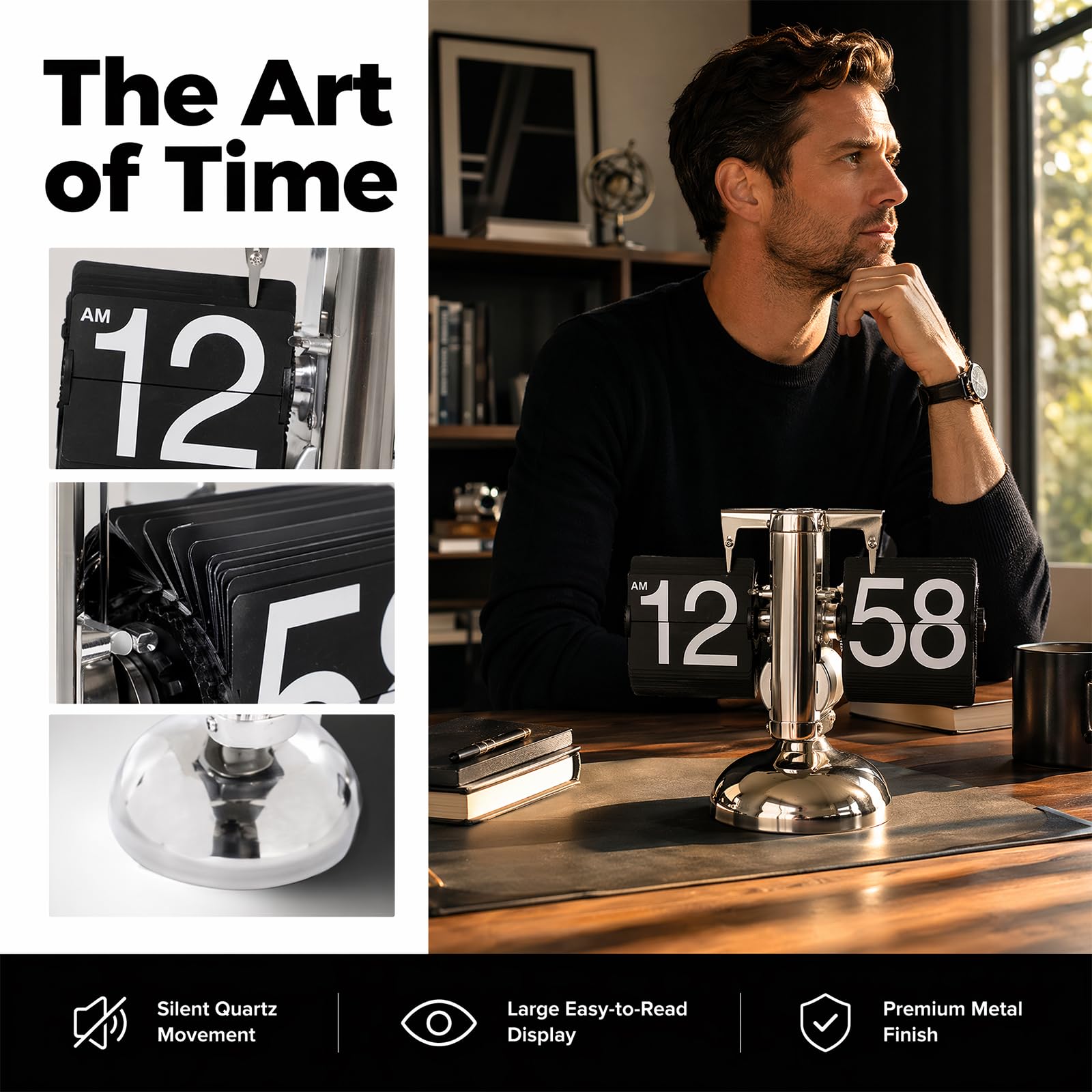 Digitale Klappuhr,Retro-Flip-Uhr,Flip-Schreibtischuhr,Flip-Uhr Retro,Schreibtischuhr Vintage Design Für Büro,Wohnzimmer,Dekoration,Arbeitszimmer,Batteriebetriebene,Schwarz