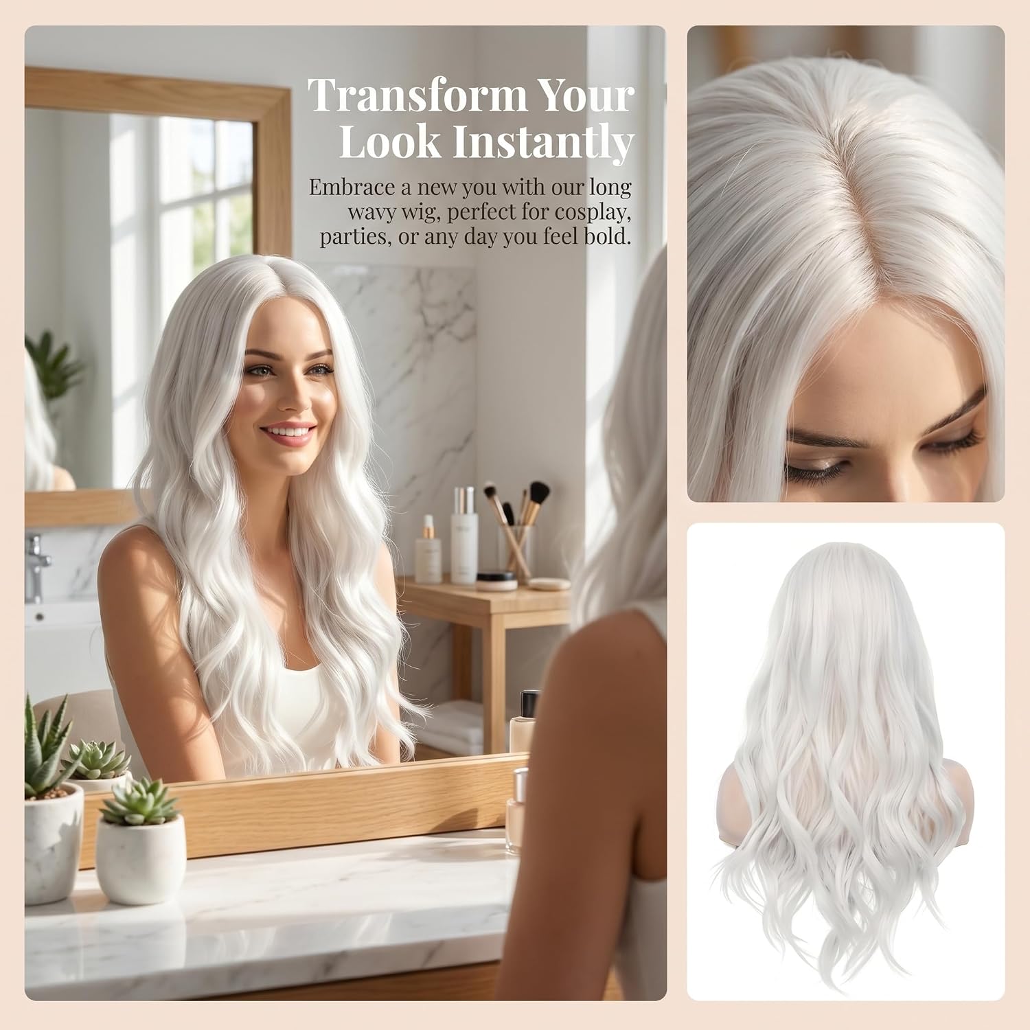 Long White Wavy Wig for Women 27.5 Inches Middle Part Natural Looking Curly Wig for Daily Wear, Party & Cosplay