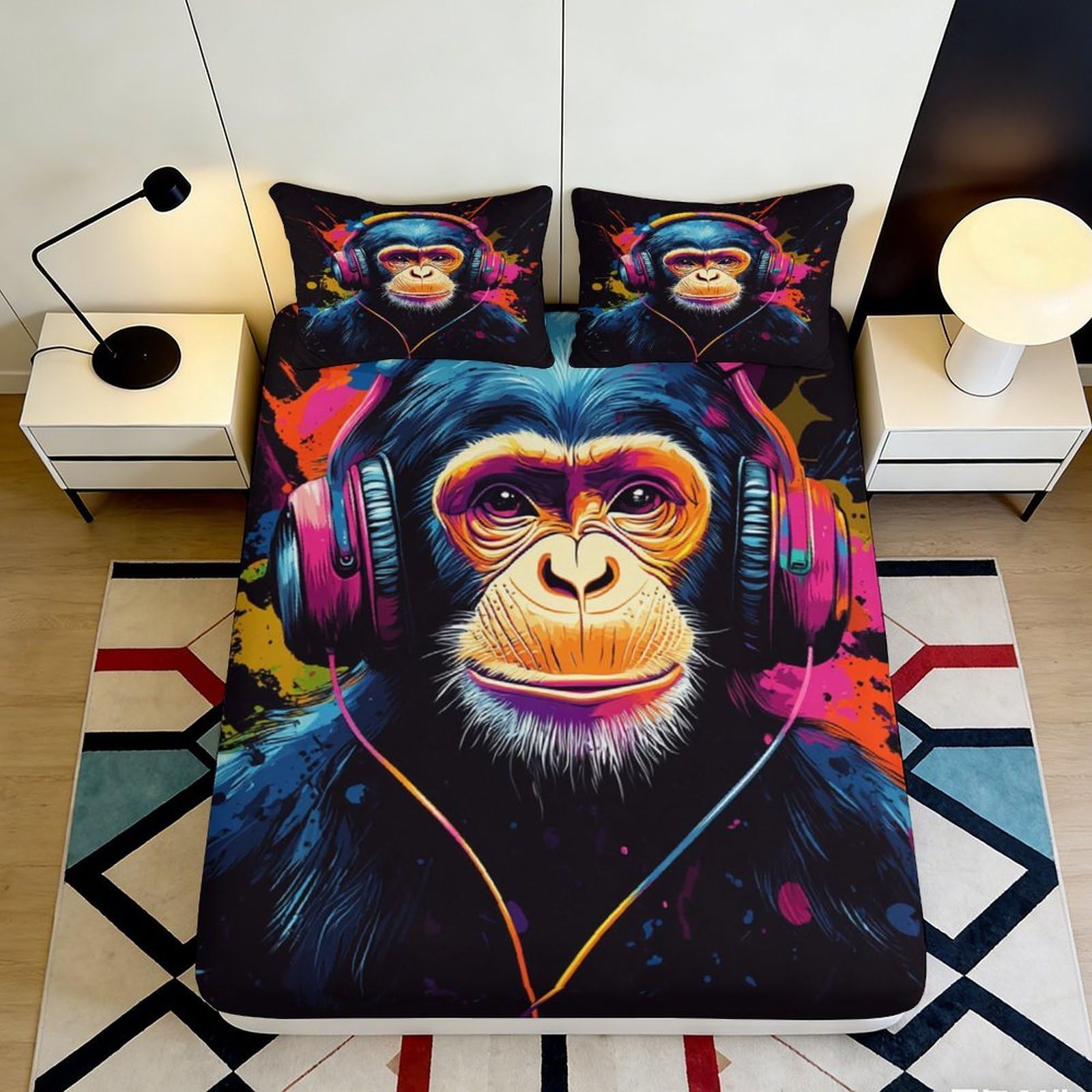 3D Printed Funky Monkey Fitted Sheet Microfiber Soft Breathable Graffiti Headphones Bed Cover for Bedroom Decor Dorm Mattress Protection 90x200x25cm