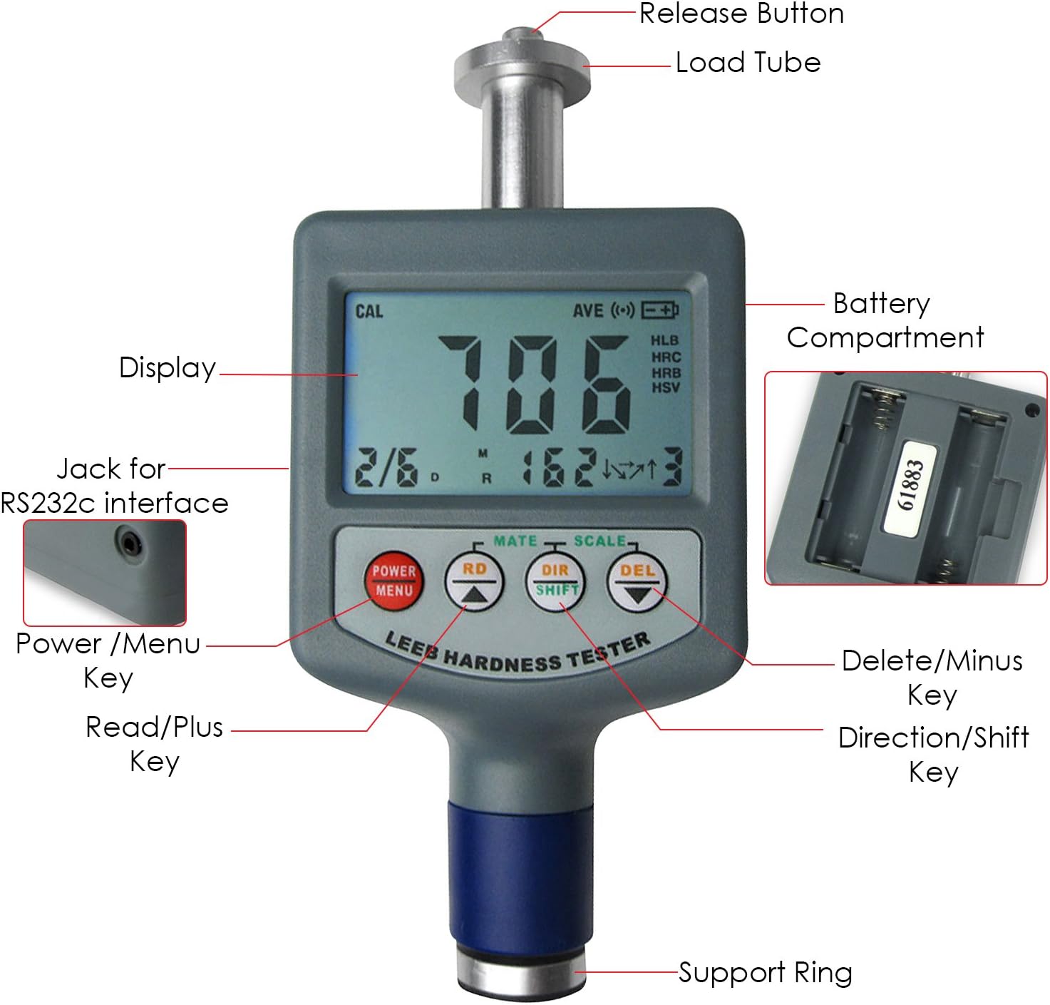 Instruments Portable Digital Rebound Leeb Hardness Tester Gauge MeterSB Cable with 2.5mm Diameter Jack and RS232 CD Software