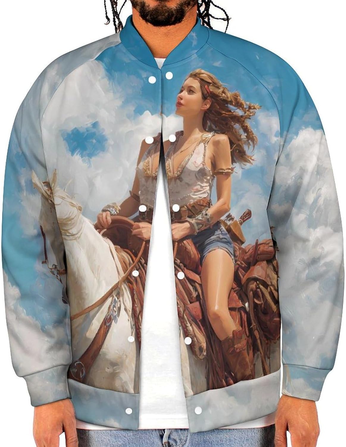 Woman Riding Horse On Beach Men's Bomber Jacket Baseball Casual Button Coat With Pocket