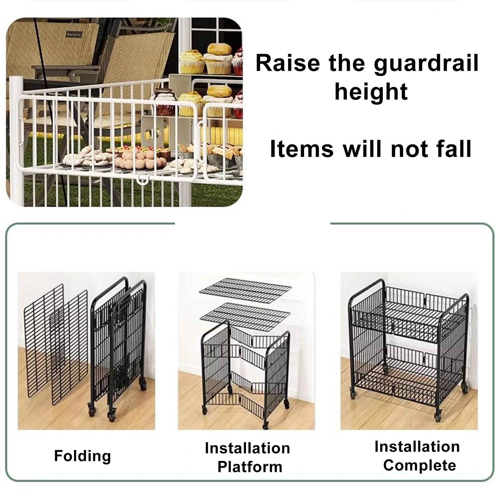 Carrello Pieghevole Portatile per Mercato, Scaffale in Metallo a 2 Ripiani per Vendita Ambulante, Espositore Mobile per Bancarelle(Black,80x55x85cm/31x22x33in)