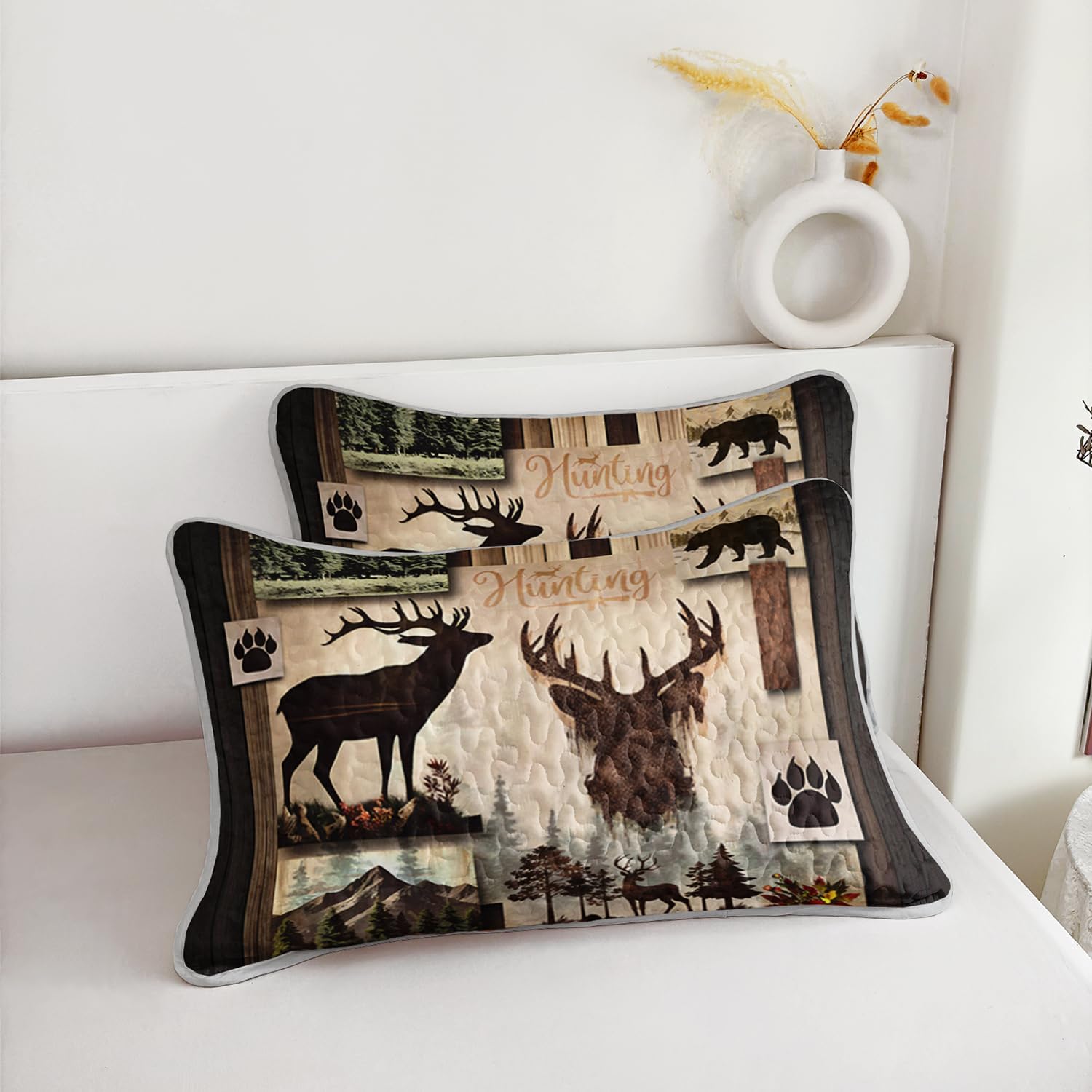 King Size Rustic Cabin Quilt Set,Camo Deer Bear Retro Bedding Sets for Hunting Room Decor,Brown Hunting Themed Plaid Patchwork Bedding Quilts with 2 Pillowcases. - Image 6
