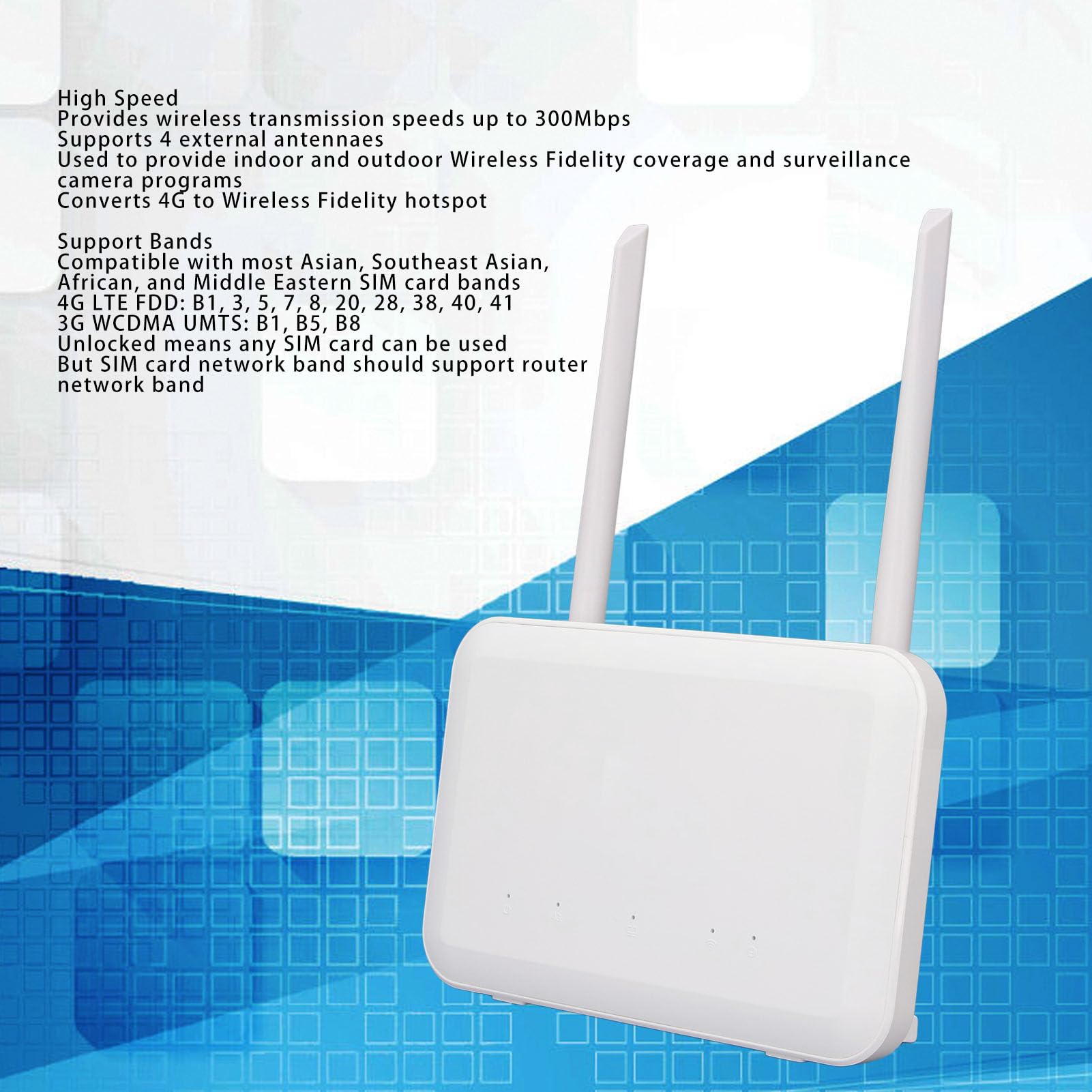 Router 4G con Slot per Scheda SIM, Porta LAN 4 Antenne, Router Portatile 300Mbps per Casa, Ufficio, Giardino, Fino a 32 Utenti, per Asia, Sud-est Asiatico, Africa, Medio (Spina