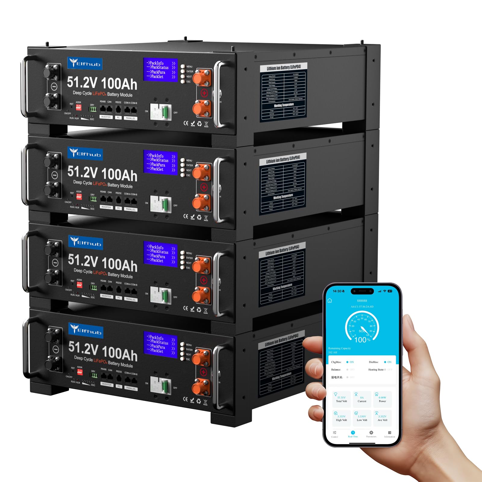 Batteria LiFePO4 48V 400Ah Bluetooth con BMS da 100A (confezione da 4 da 48V 100Ah), batteria solare per armadio server da 10,24kWh e 48V per impianto solare, set completo, impianto fotovoltaico, camp