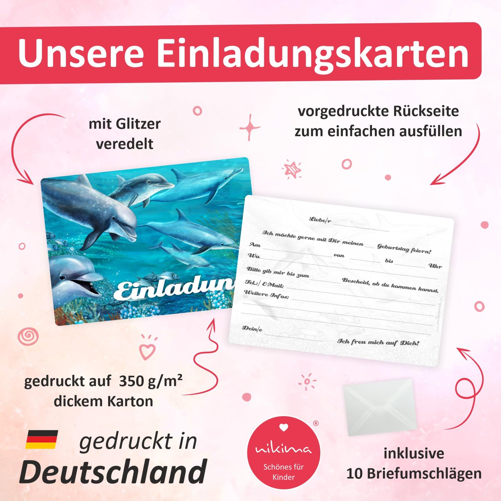 Nikima 5 Biglietti D'Invito Splash Con Buste - Argento Marino E Blu Scuro - Per Matrimonio, Comunione, Compleanno, Cresima - Formato A6