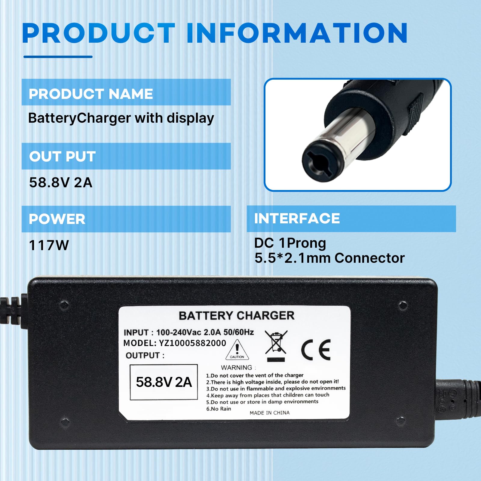 YZPOWER 58.8V 2A Power Charger Adapter for 52V 14s Lithium Battery Pack Compatible with DC 1Prong 5.52.1mmConnector,52 Volt Li-ion Charger with Display and Built-in Fan