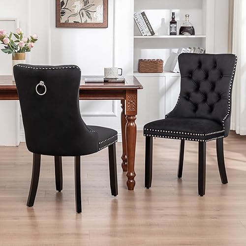 Miniatura 7 de Juego de 4 sillas de comedor de terciopelo, sillas de comedor tapizadas con ribete de anillo de clavo, sillas con respaldo de alas copetudas con