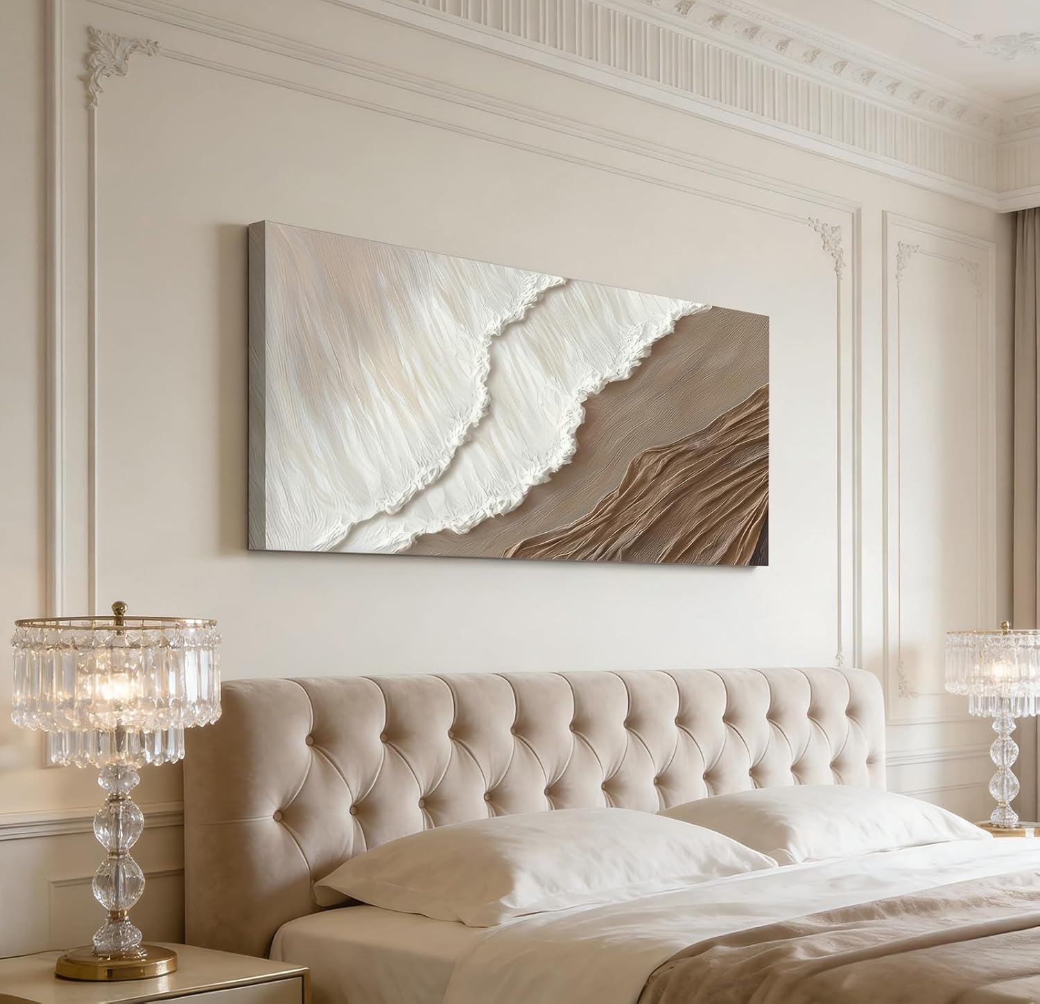 Kabcod 3D Textured Sand Beach Waves Wall Art Large Size White Brown Abstract Coastal Painting Artwork Ocean Wave Beach Landscape Oil Painting for Living Room Bedroom Decor 20X40in Ready To Hang