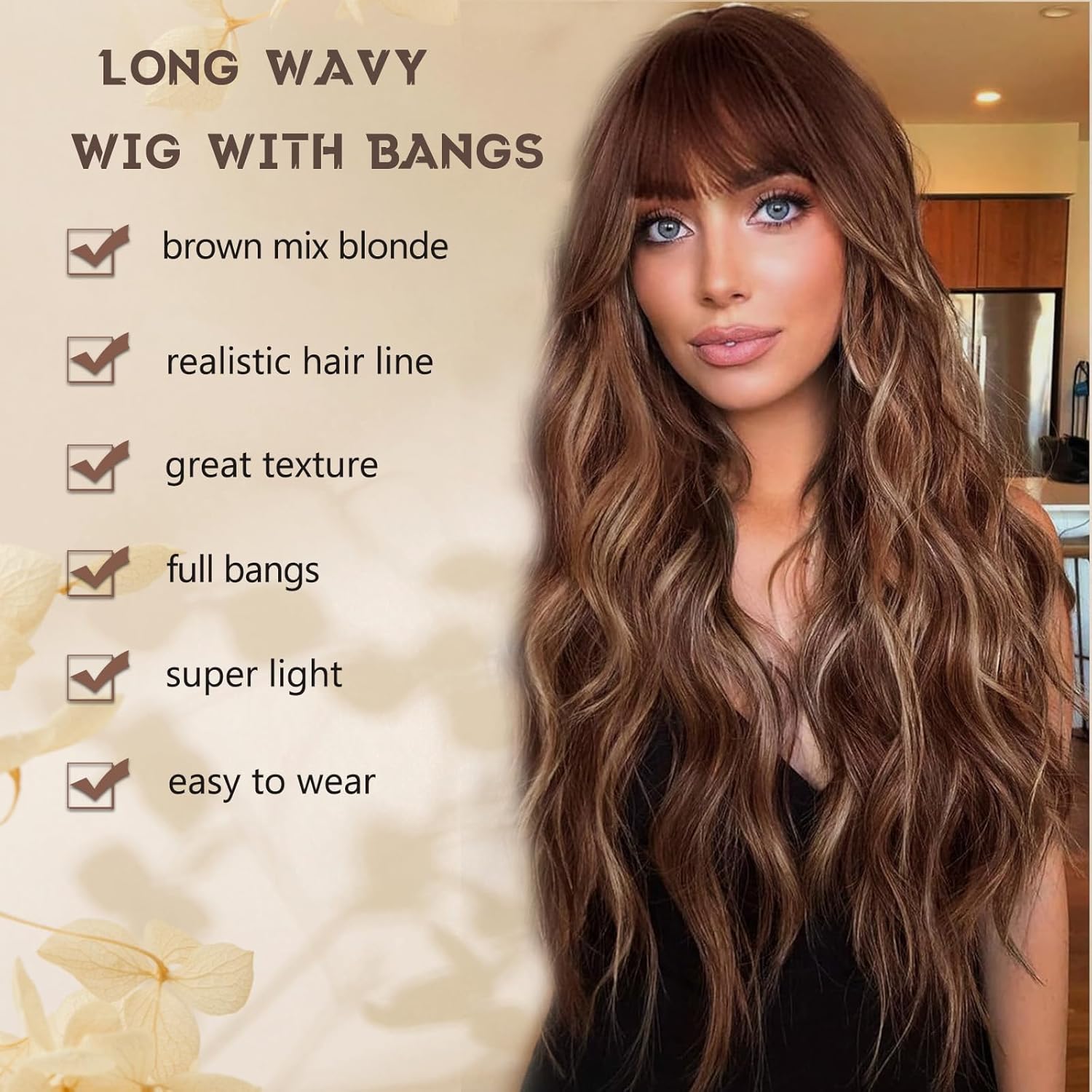 MINSEEYOO Brown Mix Blonde Wig with Bangs for Women Long Brown Highlights Wavy Wigs 26 Inch Brown Wigs Natural Looking Heat Resistant Synthetic Wig for Daily Party Use