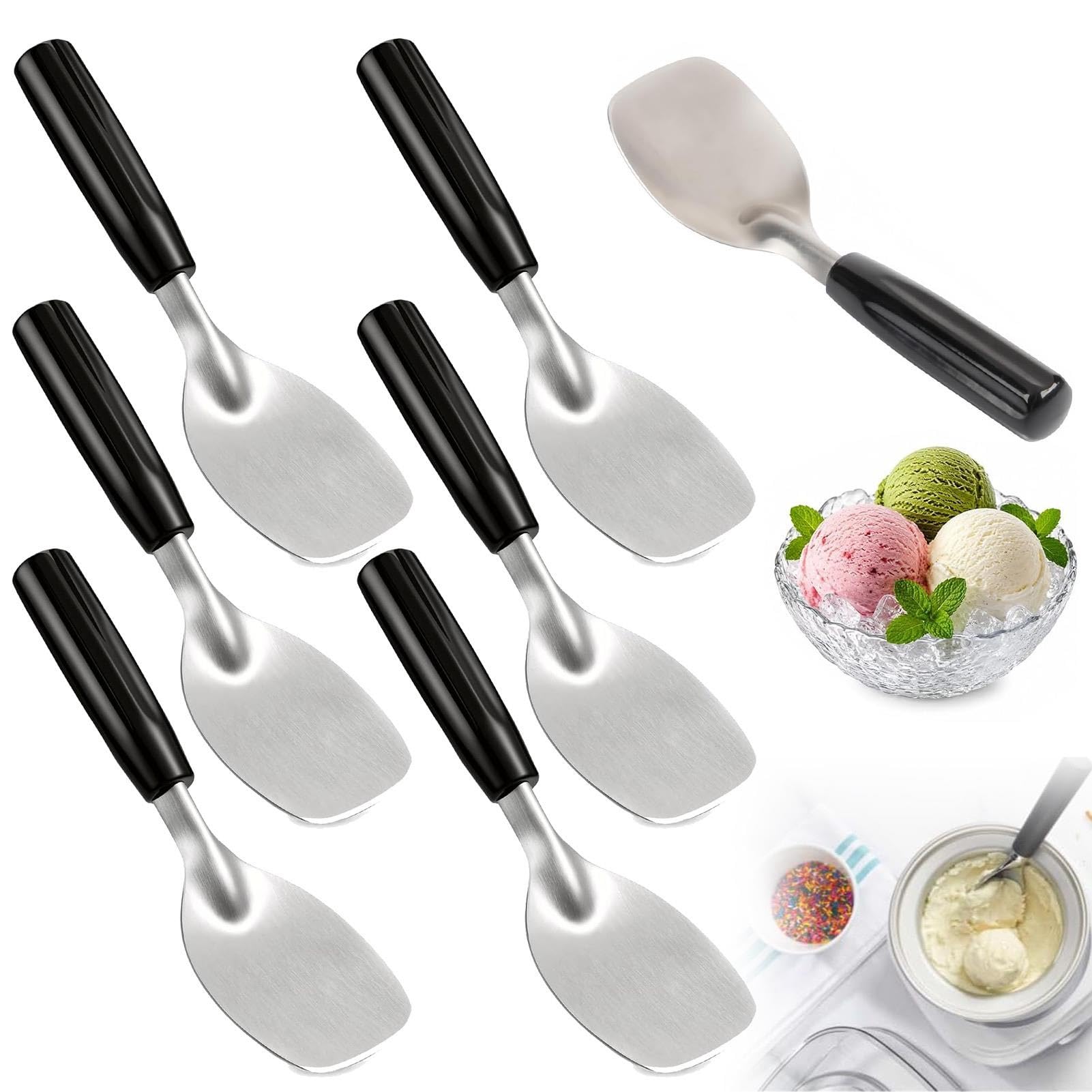 Cuillère à glace en acier inoxydable (lot de 6), cuillère en métal durable, multi-usages avec poignée antidérapante, pour desserts à pâte dure ou crémeuse
