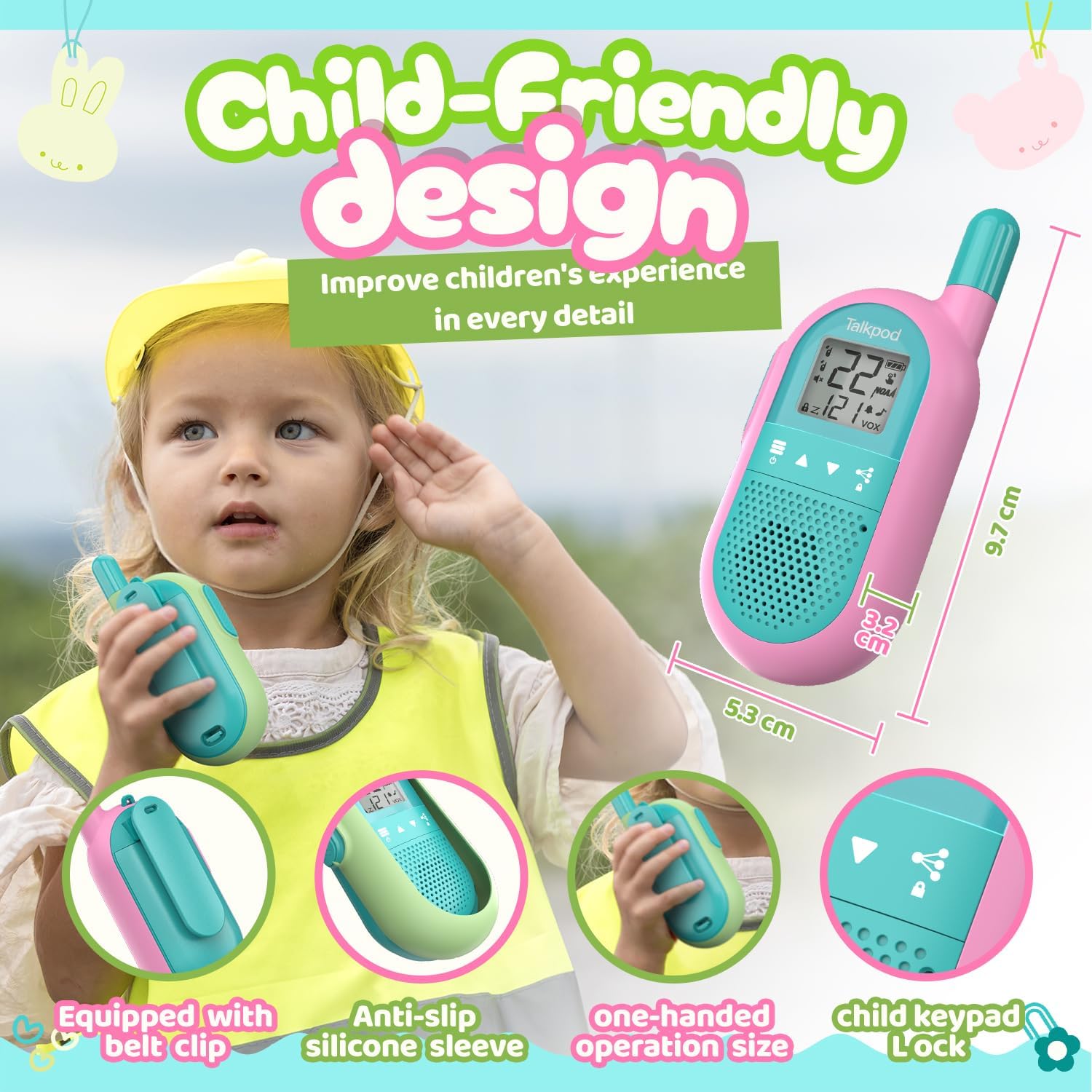Talkpod Family Walkie Talkies for Kids 2Pack, Christmas Birthday Gifts for 3-12 Year Old Boy Girl Camping Hiking Toy with VOX LCD Backlight Screen 22CH FRS Two Way Radio(Pink+Green)