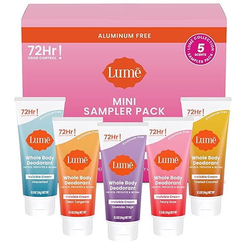 Lume Desodorante de cuerpo entero, paquete de 5 muestras – Minis de crema invisible – Control de olores de 72 horas – Sin aluminio ni bicarbonato de