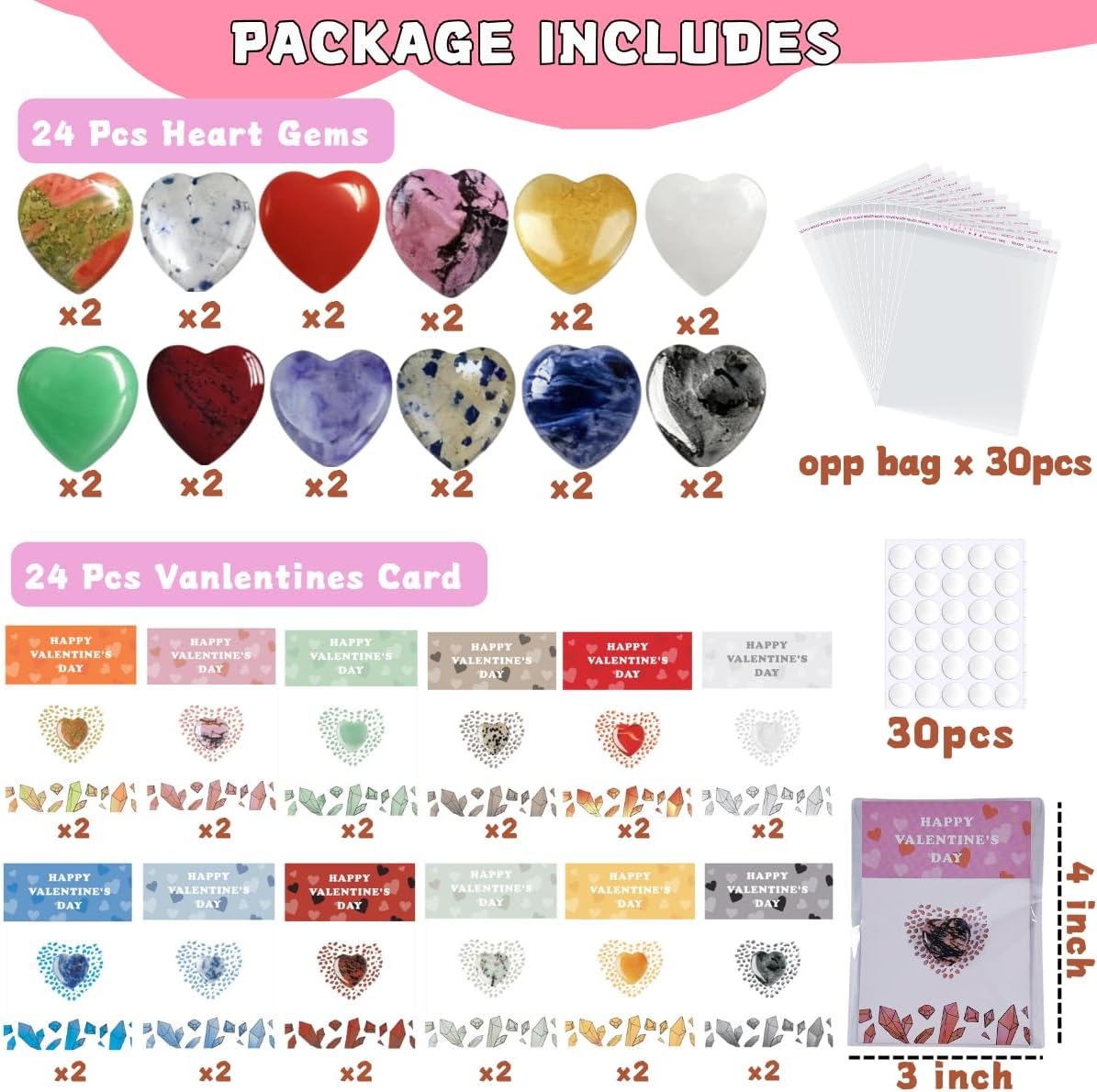 24Pack Valentines Day Cards for Kids School, Valentines Day Gifts For Kids Classroom with Heart Gemstones, Valentine Rock Crystal Exchange Gift Party Favor for Girls Boys School Class