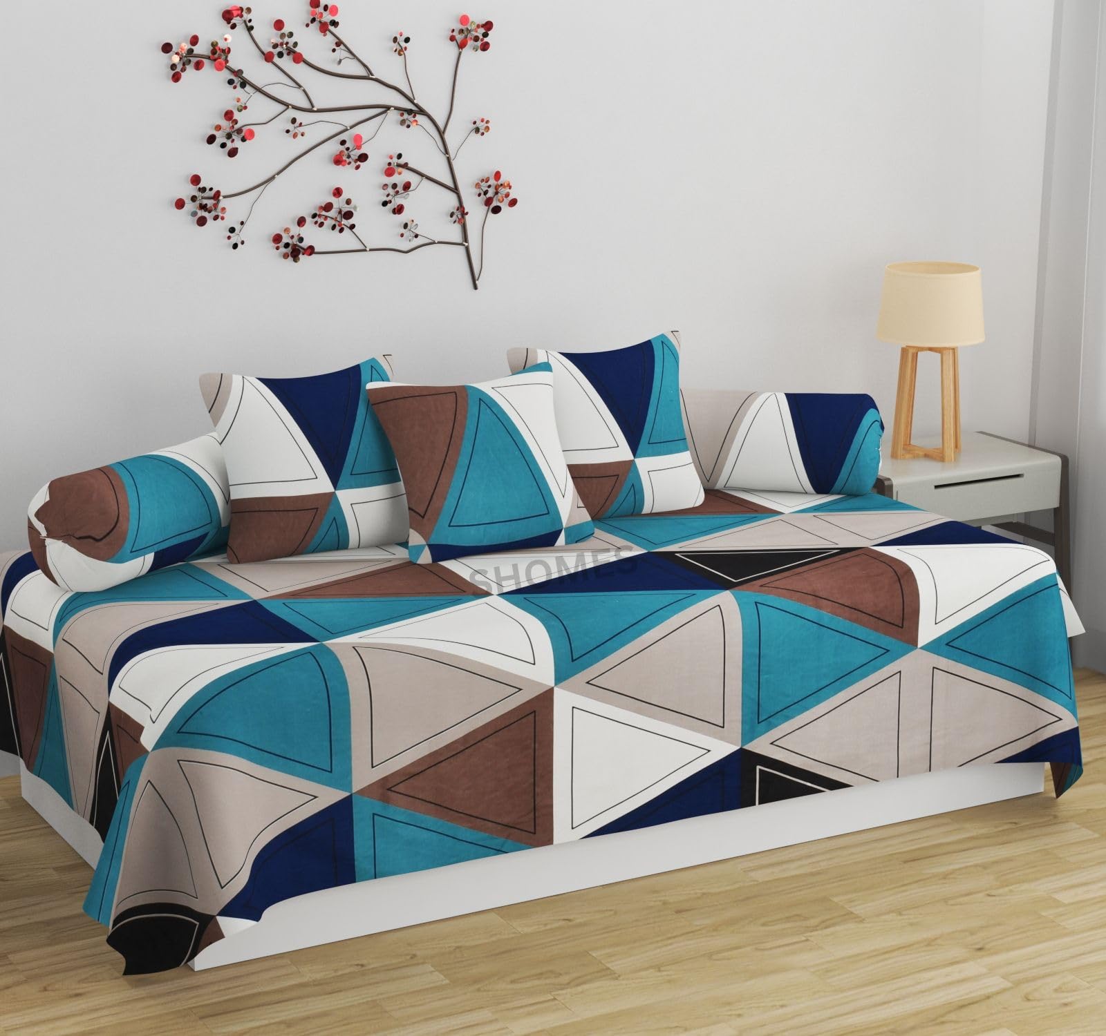 100% Cotton Feel Geometric Printed Diwan Set Covers 6 Pieces - 1 Single Bed Sheet (60 X 90) with 3 Cushion (16 X 16), 2 Bolster Covers (16 X 32) - Multicolor Geometric-image-21