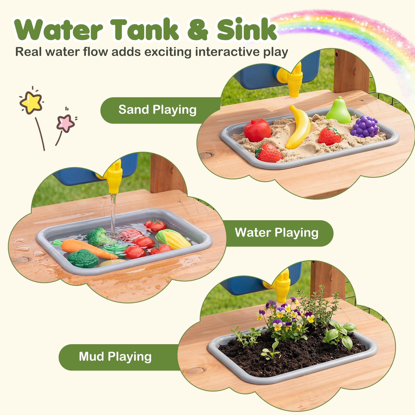 COSTWAY Matschküche Kinder Outdoor, Spielküche mit Wassertank & Wasserhahn | Kinderküche mit Spüle, Vogelkäfig, Pflanzkasten, Spalier, Blumentöpfen, Gartenspielzeug & Kochzubehör, Gartenspielküche