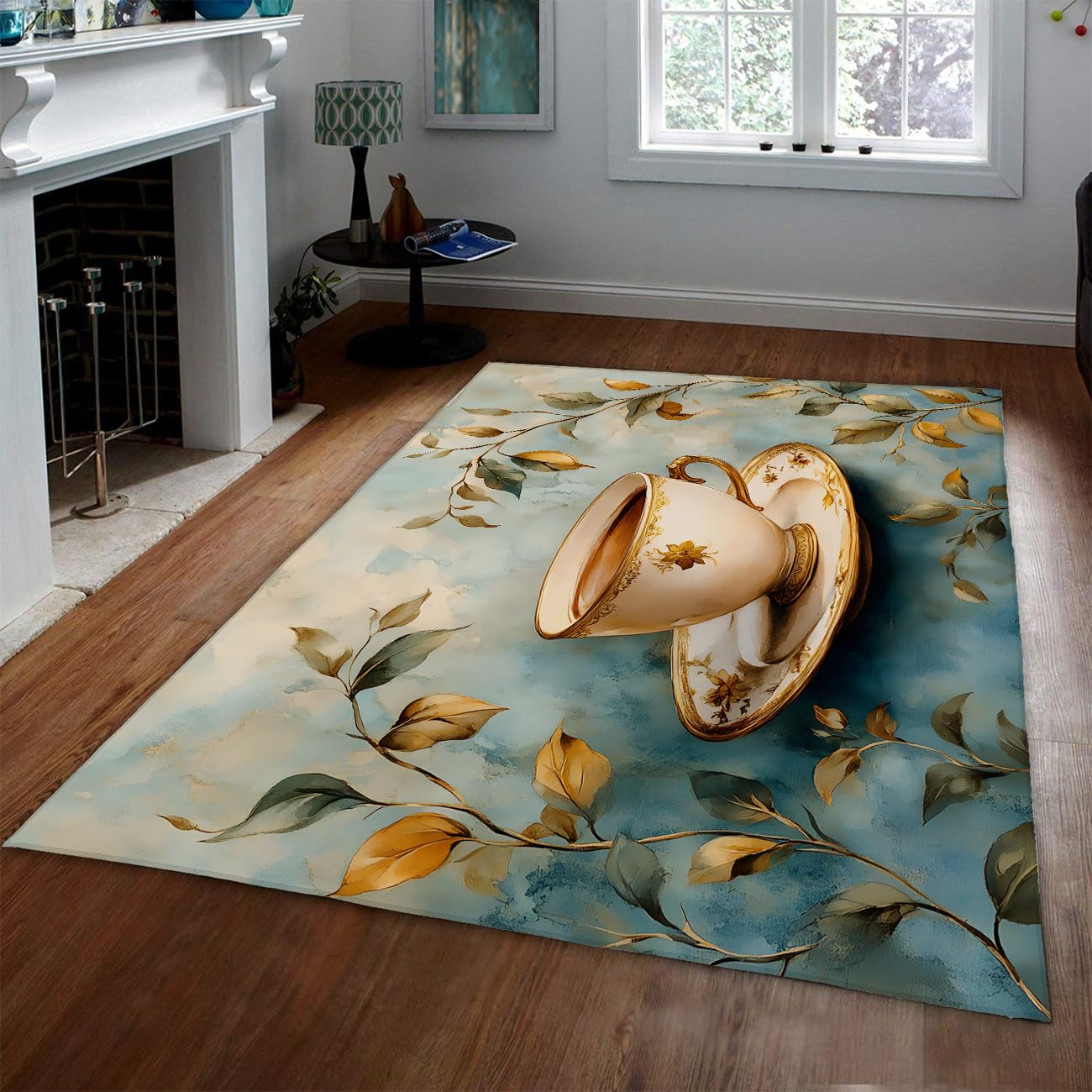 Klasyczny dywan z nadrukiem liści roślin, obrus wewnętrzny z niskim runem na sofę, do jadalni, kuchni, elegancka atmosfera, wystrój mieszkania 100 x 150 cm