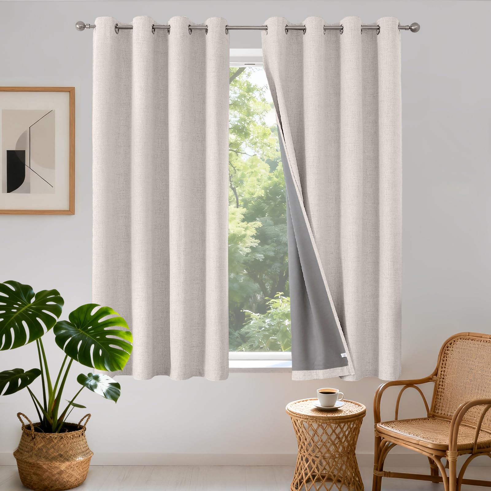 Joydeco 100% Tende Oscuranti per Interni 2 Pezzi, Lino Tende Termiche con Occhielli per Soggiorno Moderne, Cameretta Bambini, Camera da Letto Blackout Curtains(Bianco, 2xL140xA175)