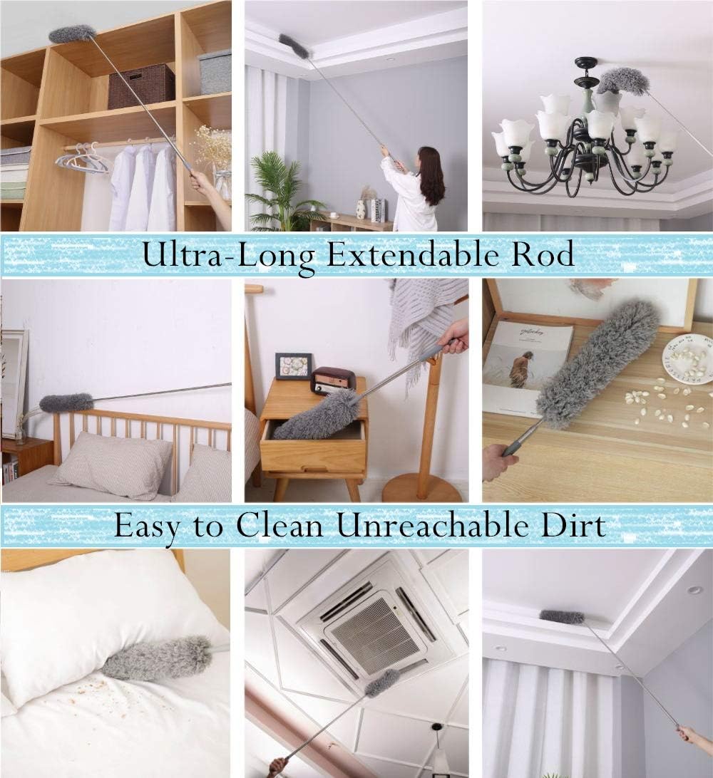 GERUI Microfiber Duster for Cleaning with 100 inches Extra Long Pole(Stainless Steel), Bendable, Washable, Lint Free Duster for Cleaning Ceiling Fan, Furniture, Cobweb, Car, Computer（Grey-30 to 100 Inches）