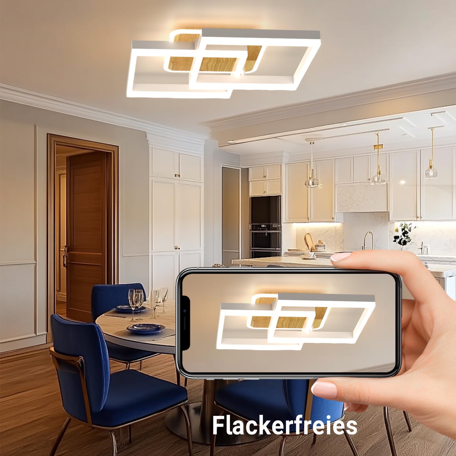 ANTENLICHT plafoniera led soffitto moderna plafoniera salotto Dimmerabile, 40W 3600LM Lampada da Soffitto, Funzione di Memoria, per Soggiorno, Camera da Letto, Sala da Pranzo, Legno-Bianco 65x42x12cm
