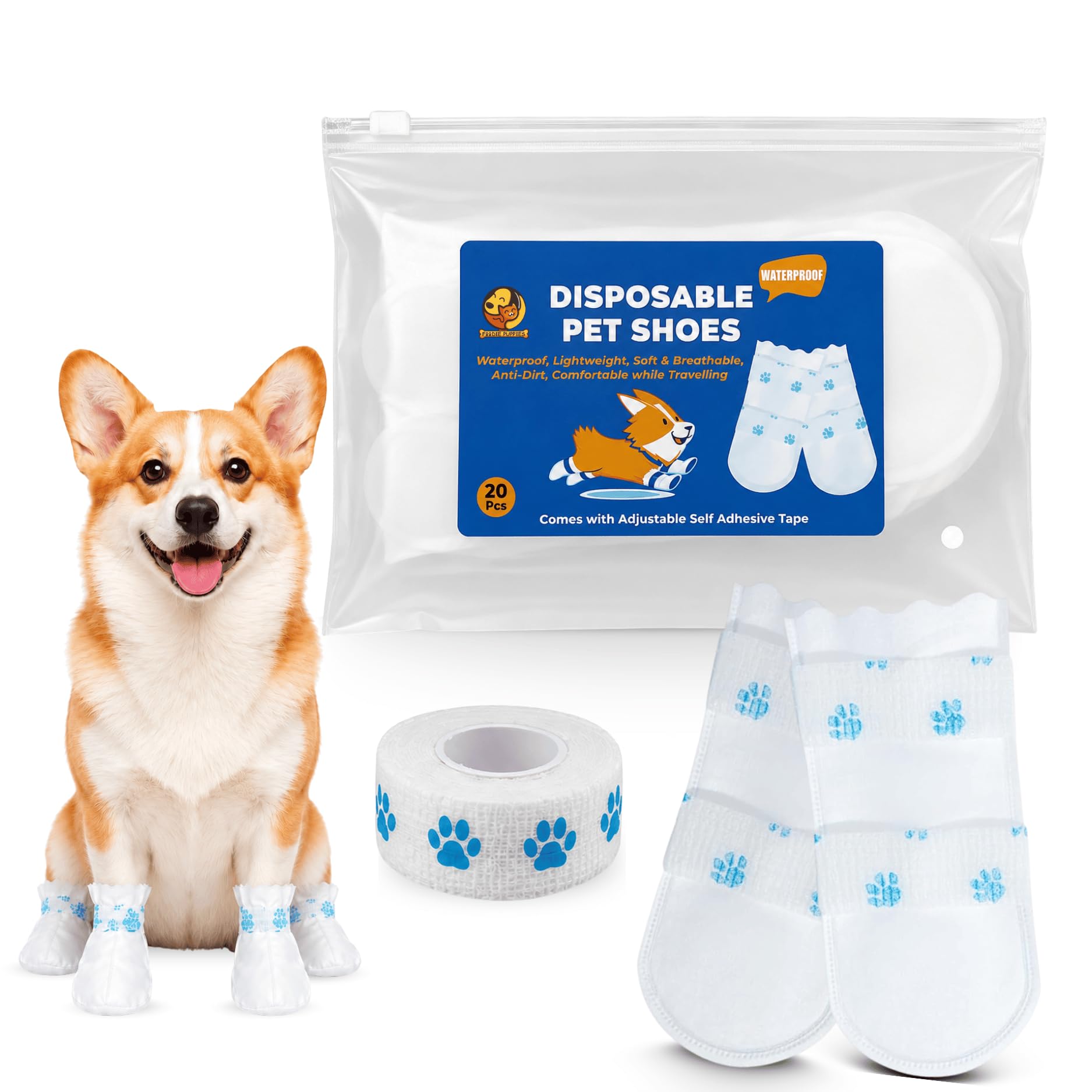 Foodie Puppies Disposable Pet Shoes for Dogs - 20 Pcs | Waterproof & Breathable Pet Booties | Anti-Dirt Paw Protectors with Adjustable Self-Adhesive Tape for Rain, Mud & Outdoor Use-image-5
