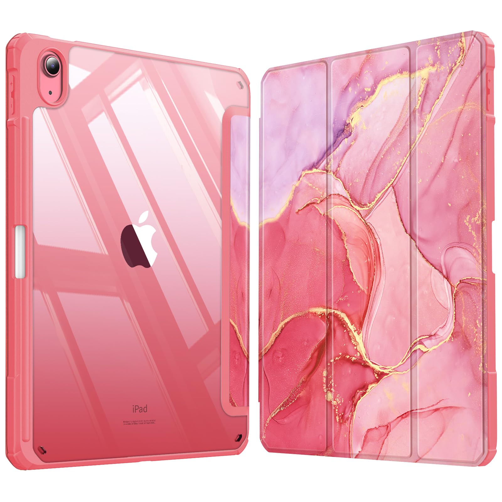 Fintie Hybrid Hülle für iPad (A16) 11 Generation 11 Zoll 2025, iPad 10 Generation 10.9 Zoll 2022 mit Stifthalter - Stoßfeste Schutzhülle mit transparenter Hartschale auf der Rückseite, Marmor Pink