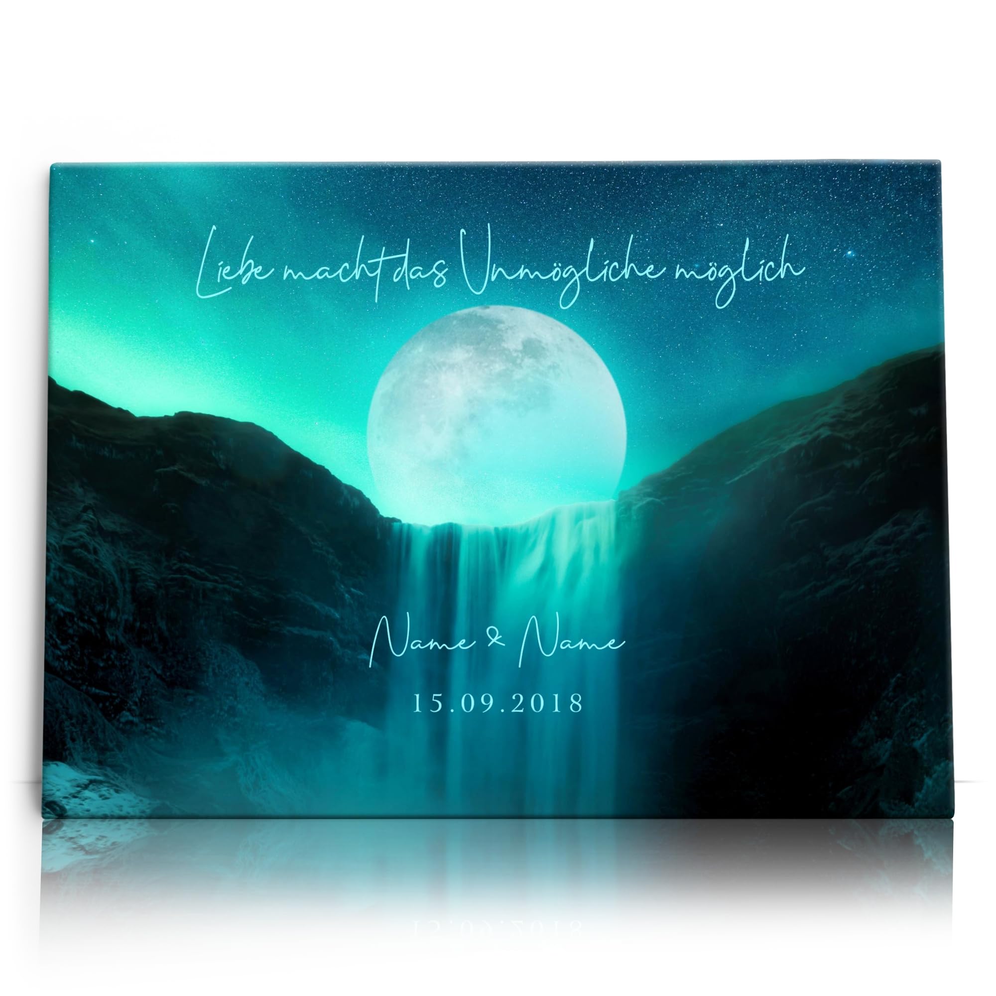 Liebesleinwand Leinwand personalisiert Mond der Liebe | Geschenk für sie oder ihn zum Jahrestag, Verlobung, Hochzeitstag | Leinwandbild gestalten mit Namen und Datum