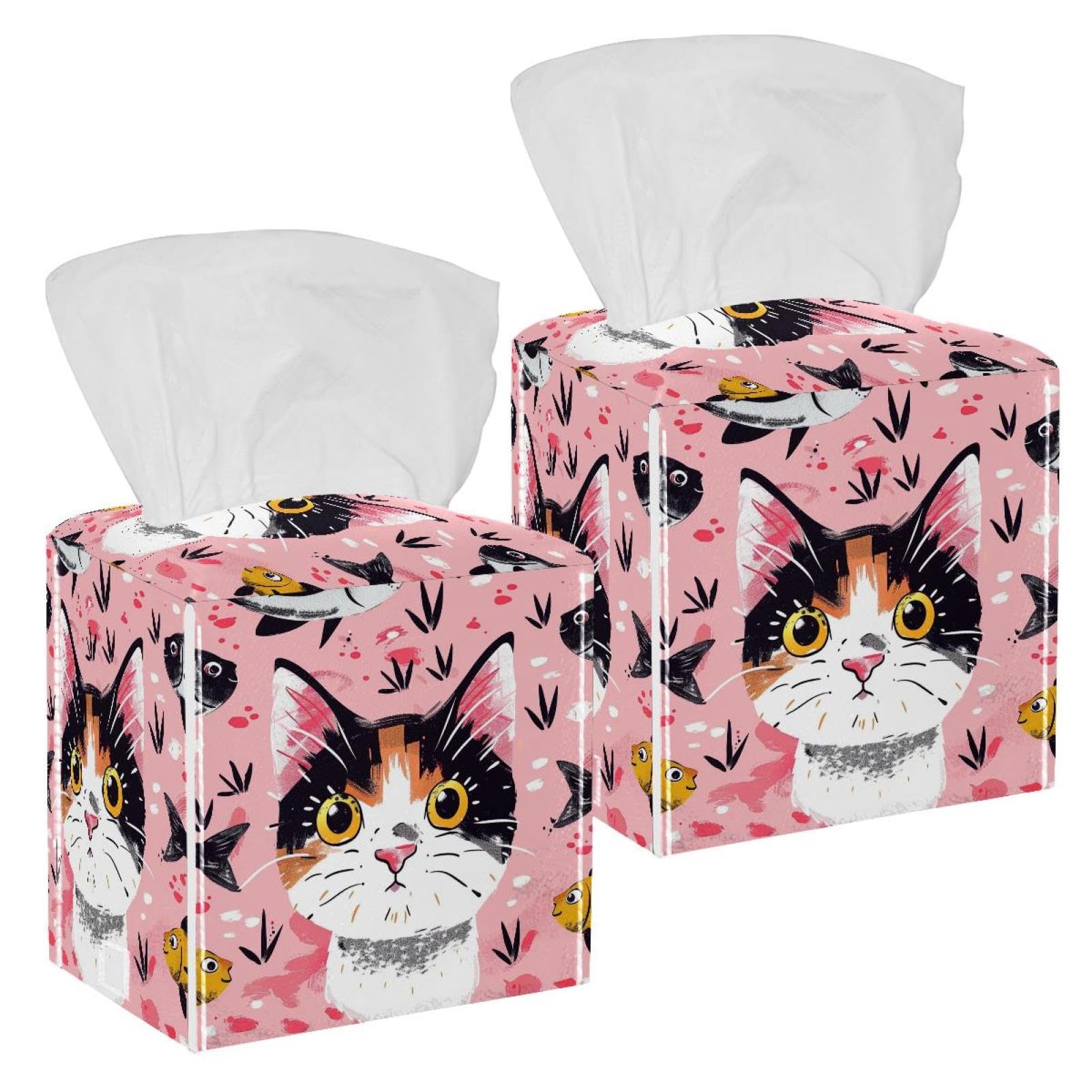 Cartoon Cat Tissue Box Cover, 2 Pack PU Leather Square Facial Tissue Dispenser Box holder for Home Office Car