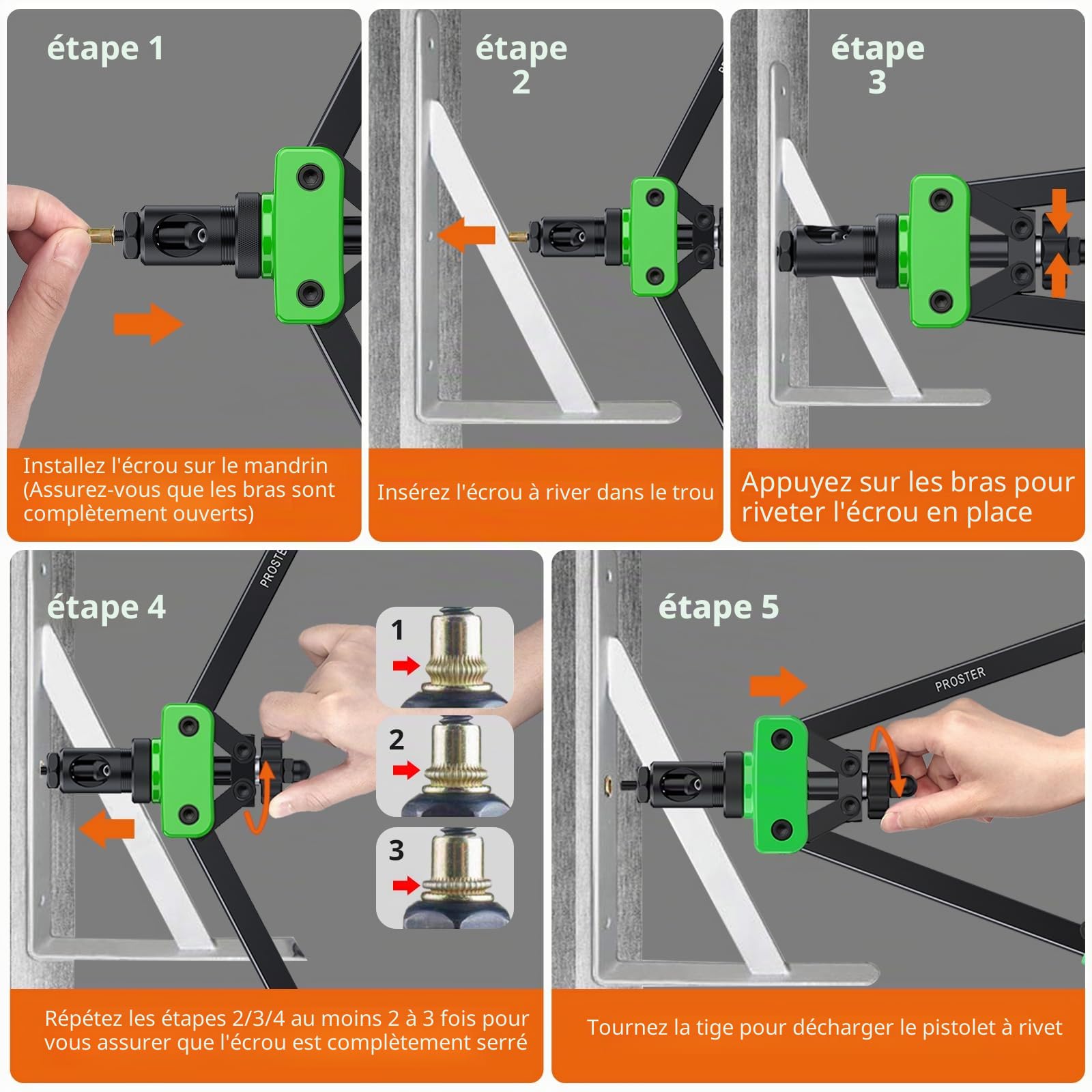 Proster 14" Riveteuse Manuelle - Pince à Insert Fileté Professionnelle avec Mandrins Interchangeables M3-M10, 150PCS Écrous, Économie d’Effort pour Réparation Auto, Métal, Atelier, Bricolage (Vert)
