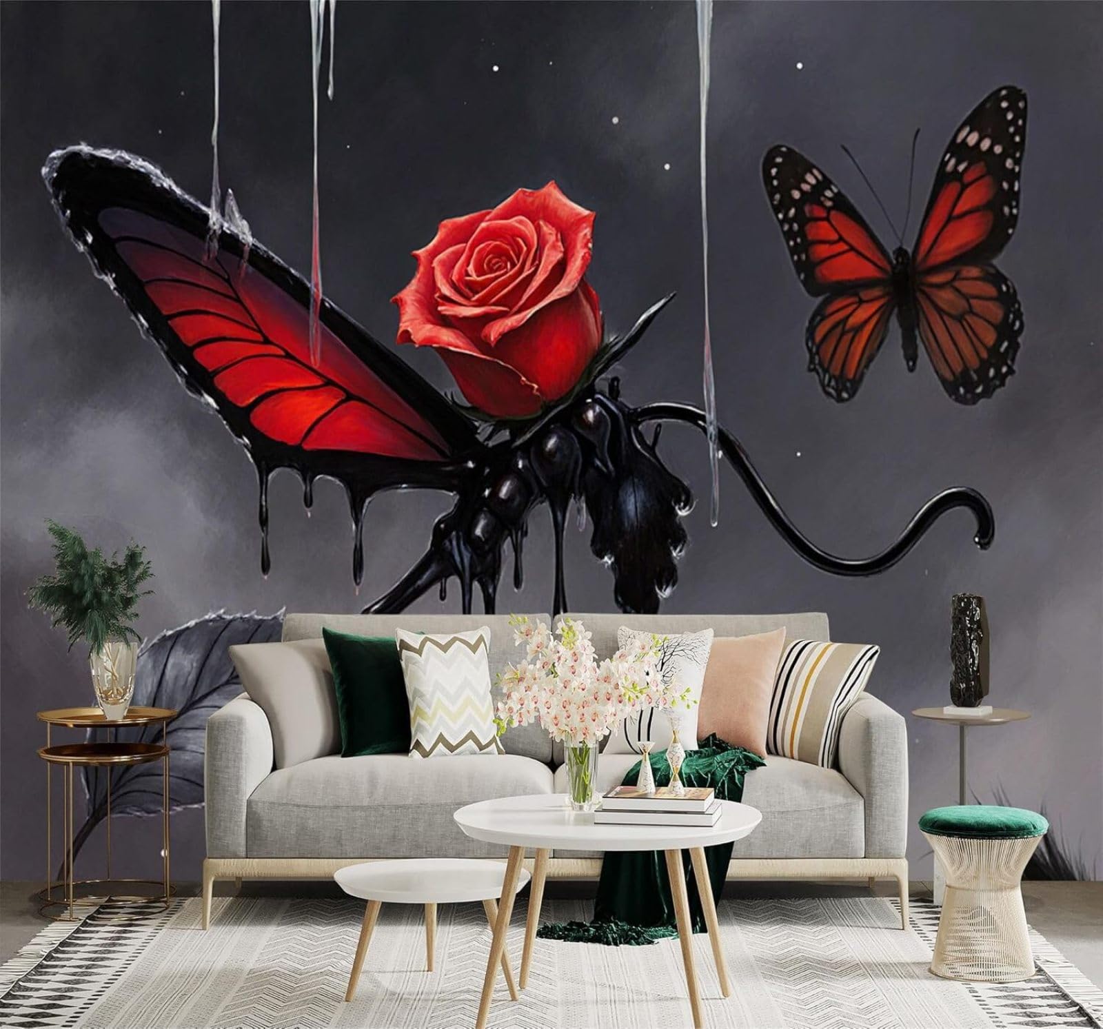 3D Carta da Parati Tridimensionale Farfalla Nera Rosa Rossa Foglie Arte